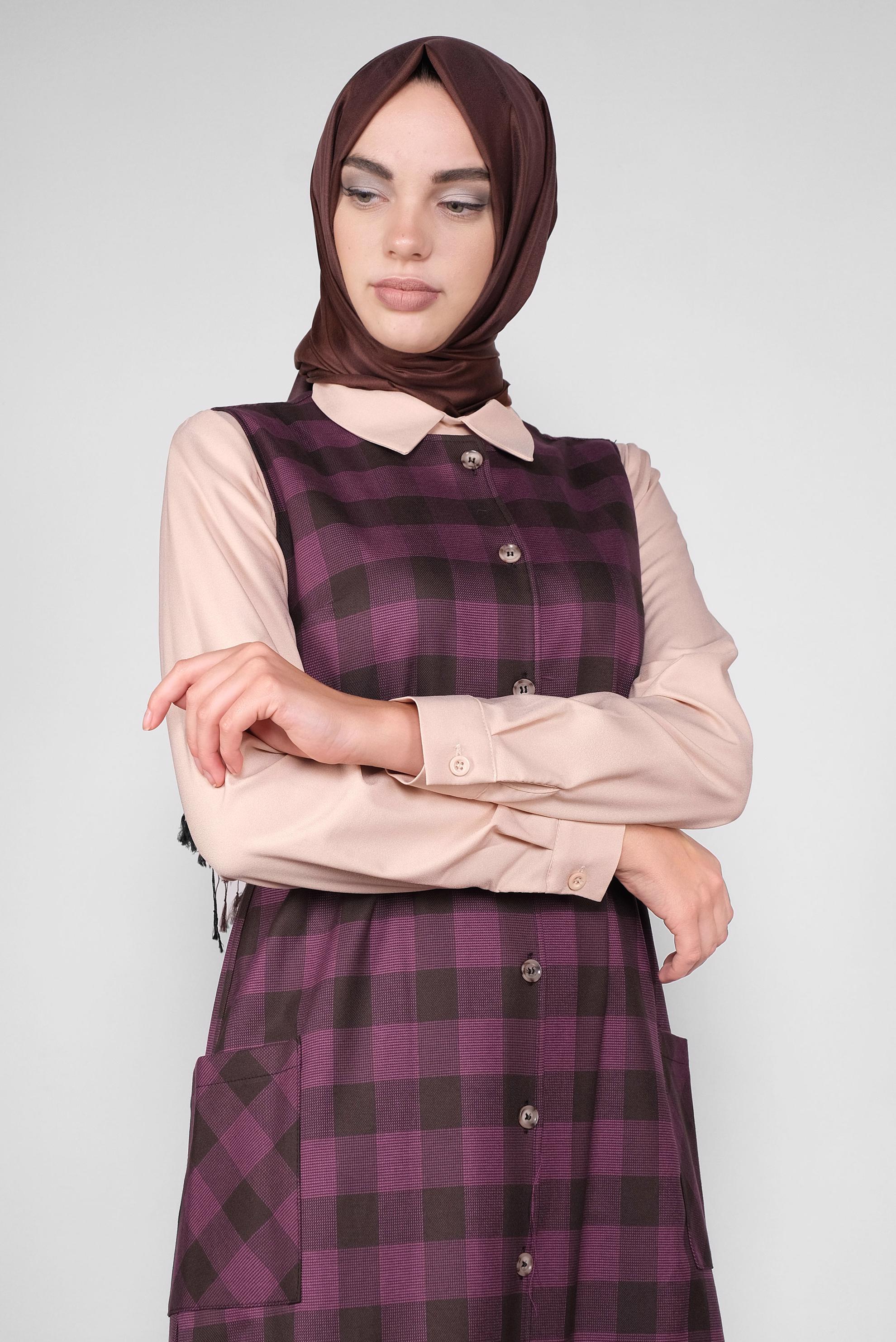 Tesettür giyim KAHVE DÜĞMELİ KARELİ JİLE 41160 