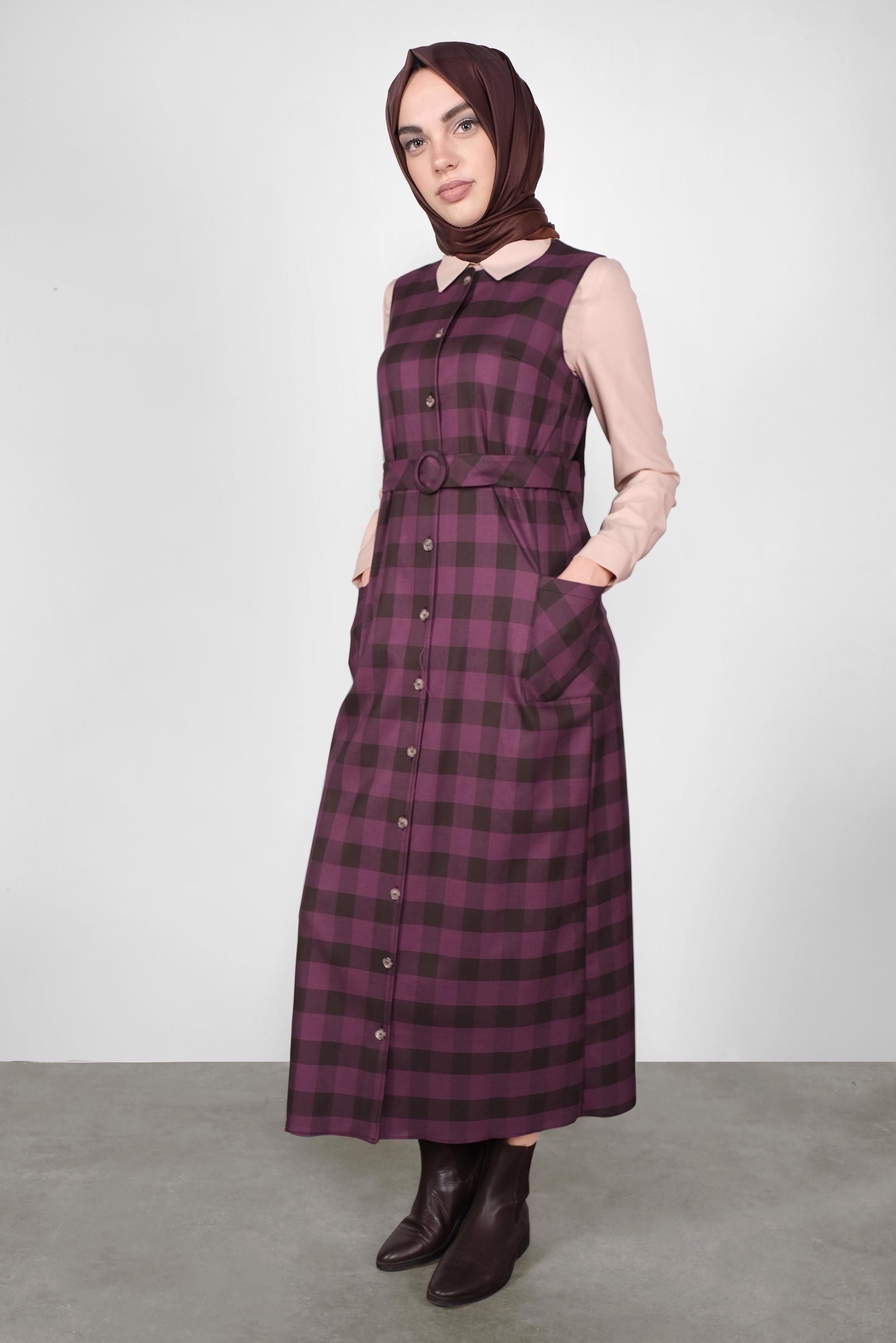 Tesettür giyim KAHVE DÜĞMELİ KARELİ JİLE 41160 