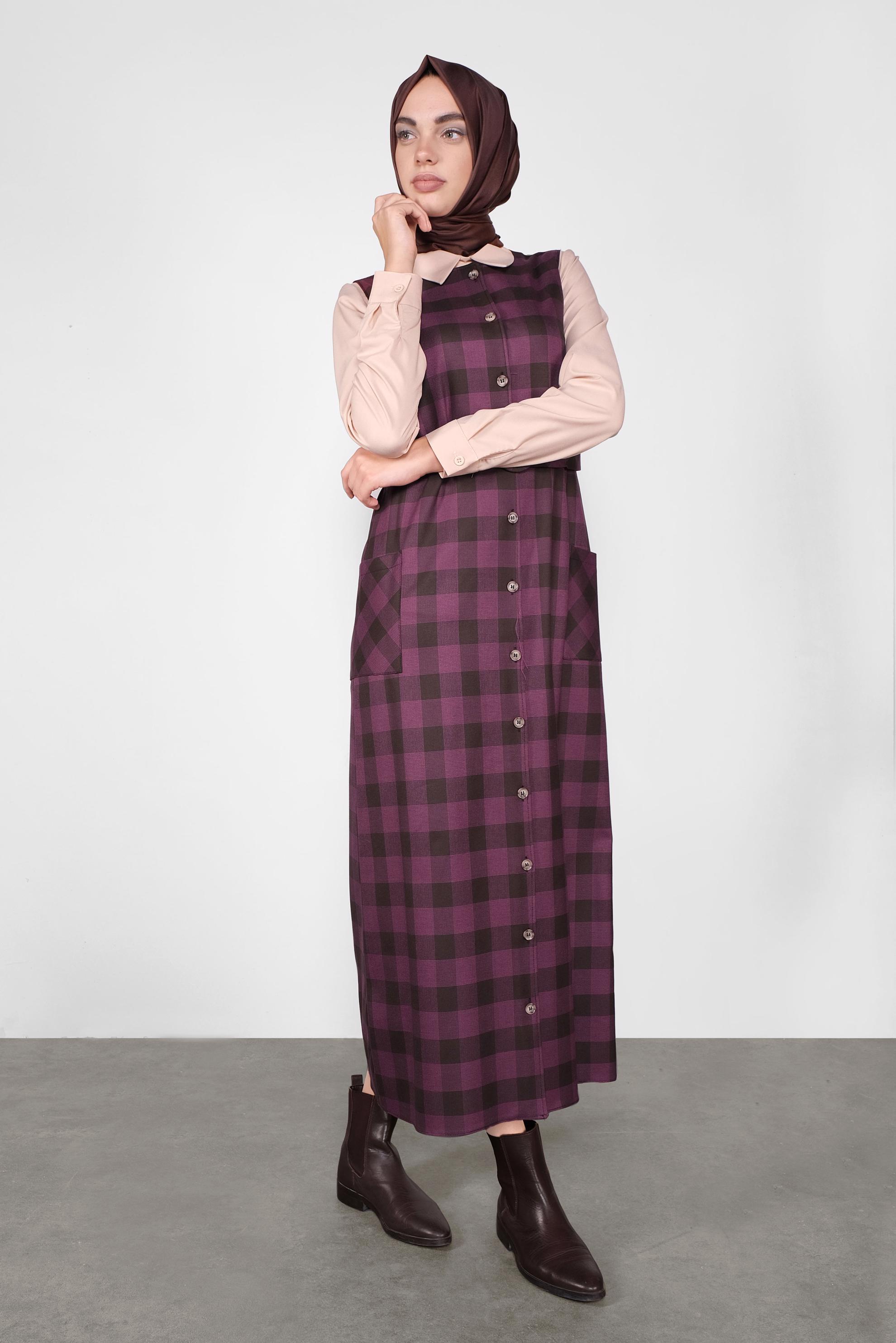 Tesettür giyim KAHVE DÜĞMELİ KARELİ JİLE 41160 