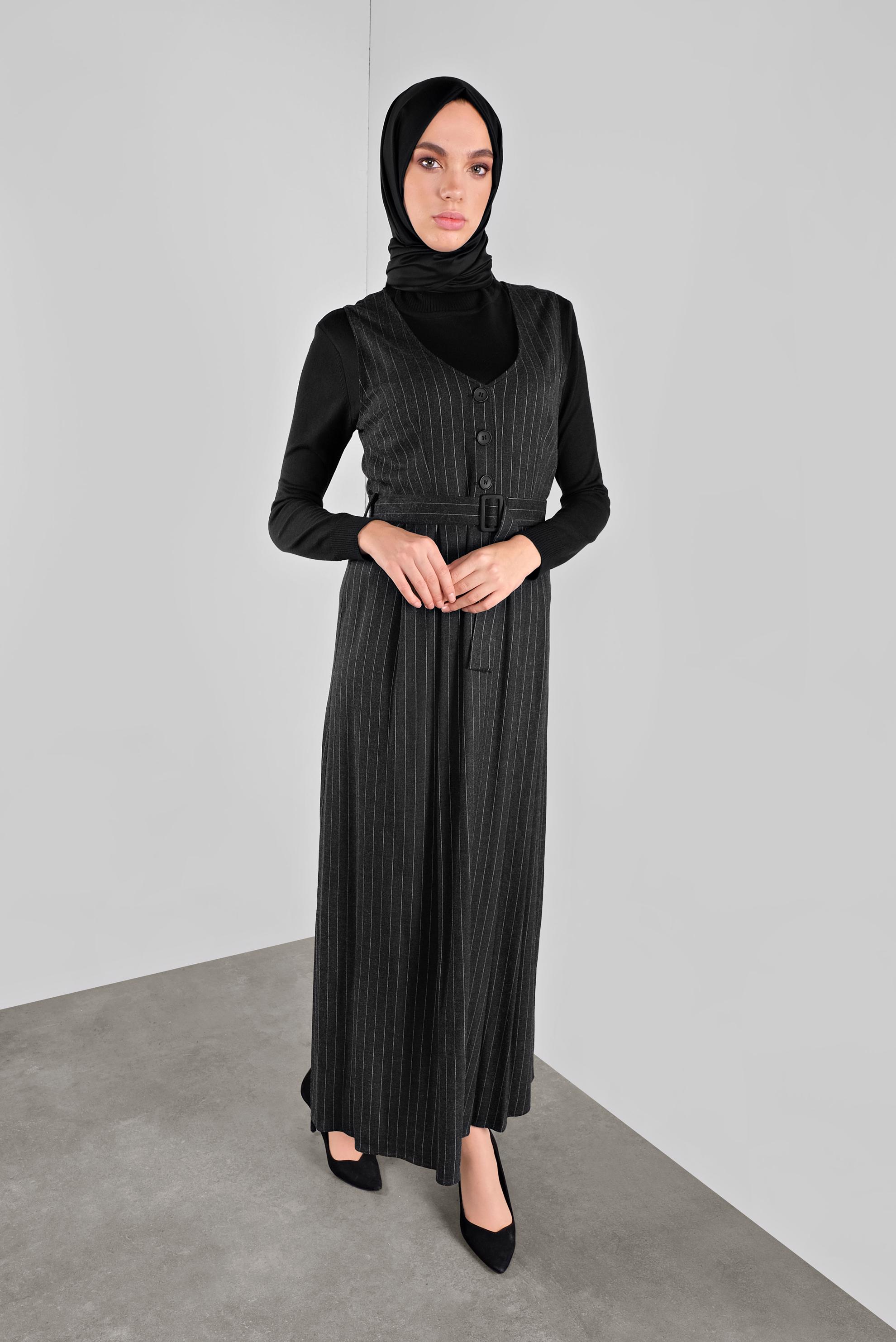 Tesettür giyim SİYAH ÇİZGİLİ KEMERLİ JİLE 41267 