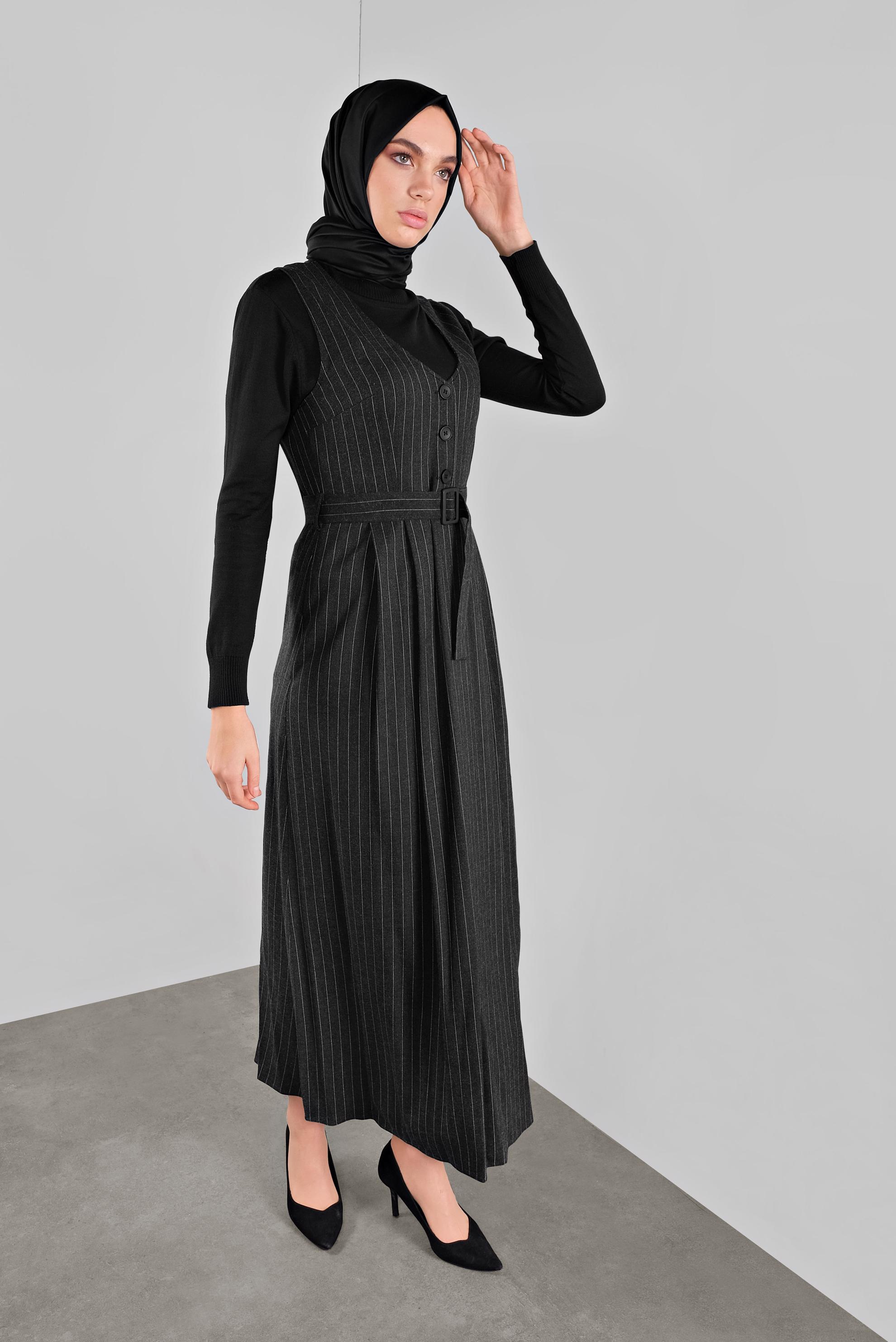 Tesettür giyim SİYAH ÇİZGİLİ KEMERLİ JİLE 41267 