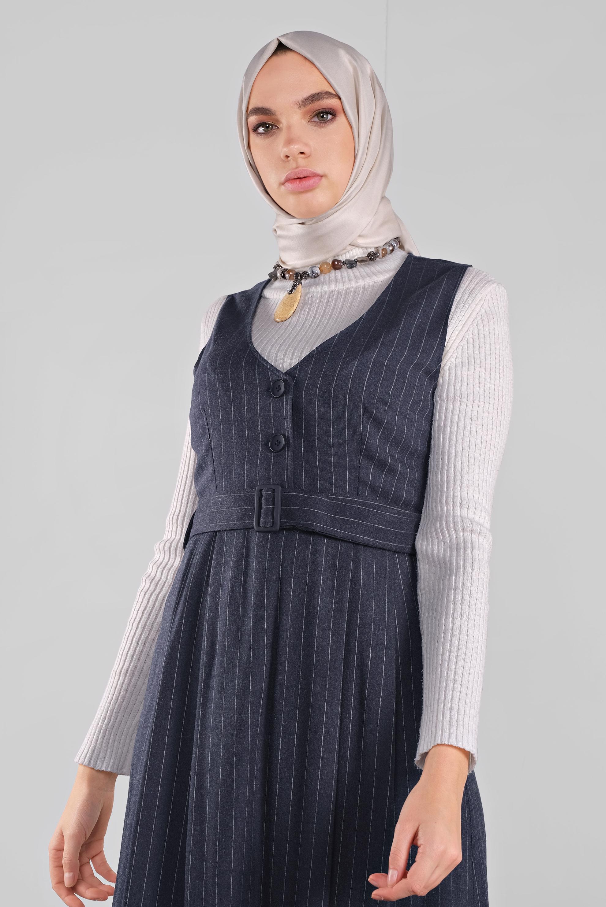 Tesettür giyim LACİVERT ÇİZGİLİ KEMERLİ JİLE 41267 