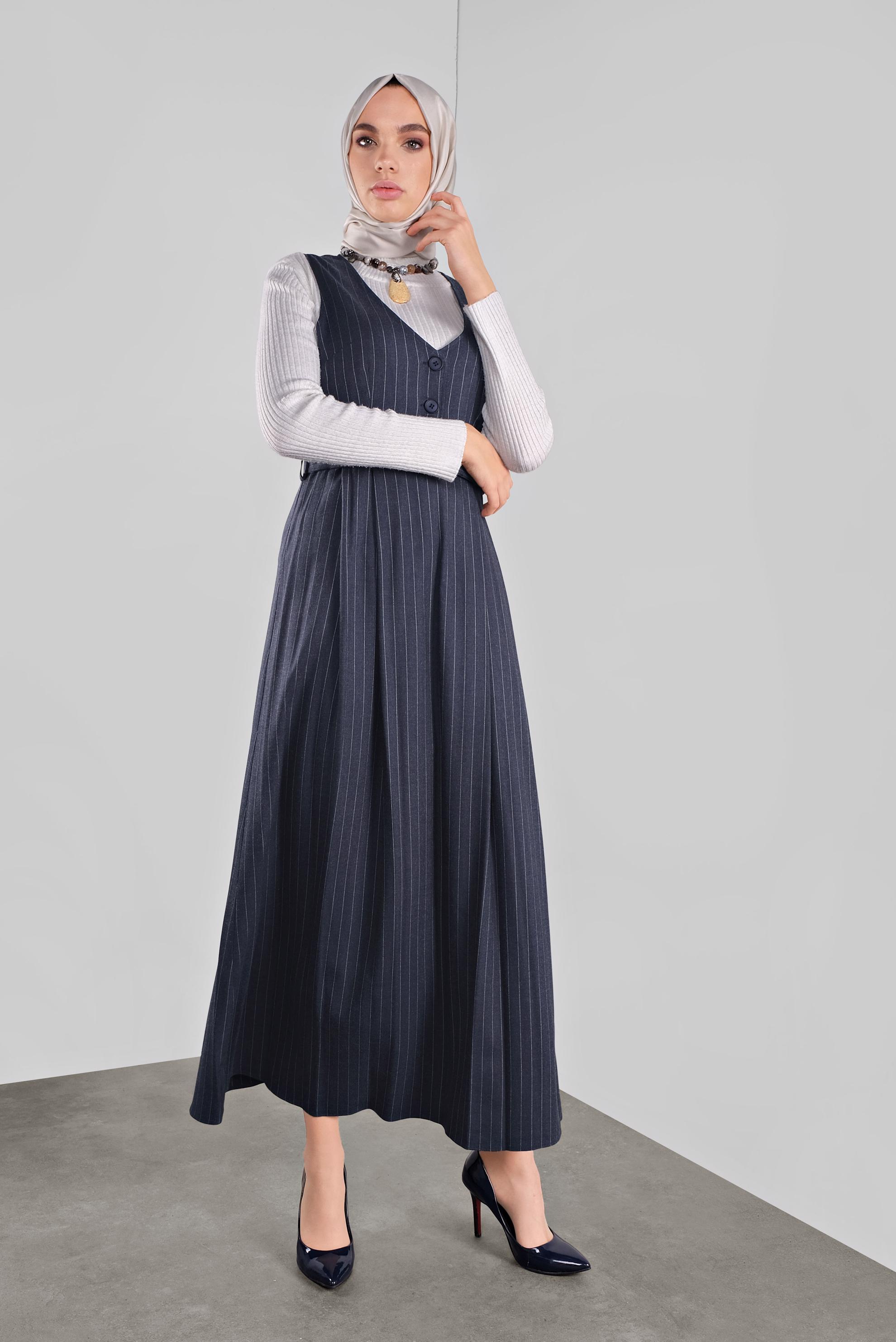 Tesettür giyim LACİVERT ÇİZGİLİ KEMERLİ JİLE 41267 