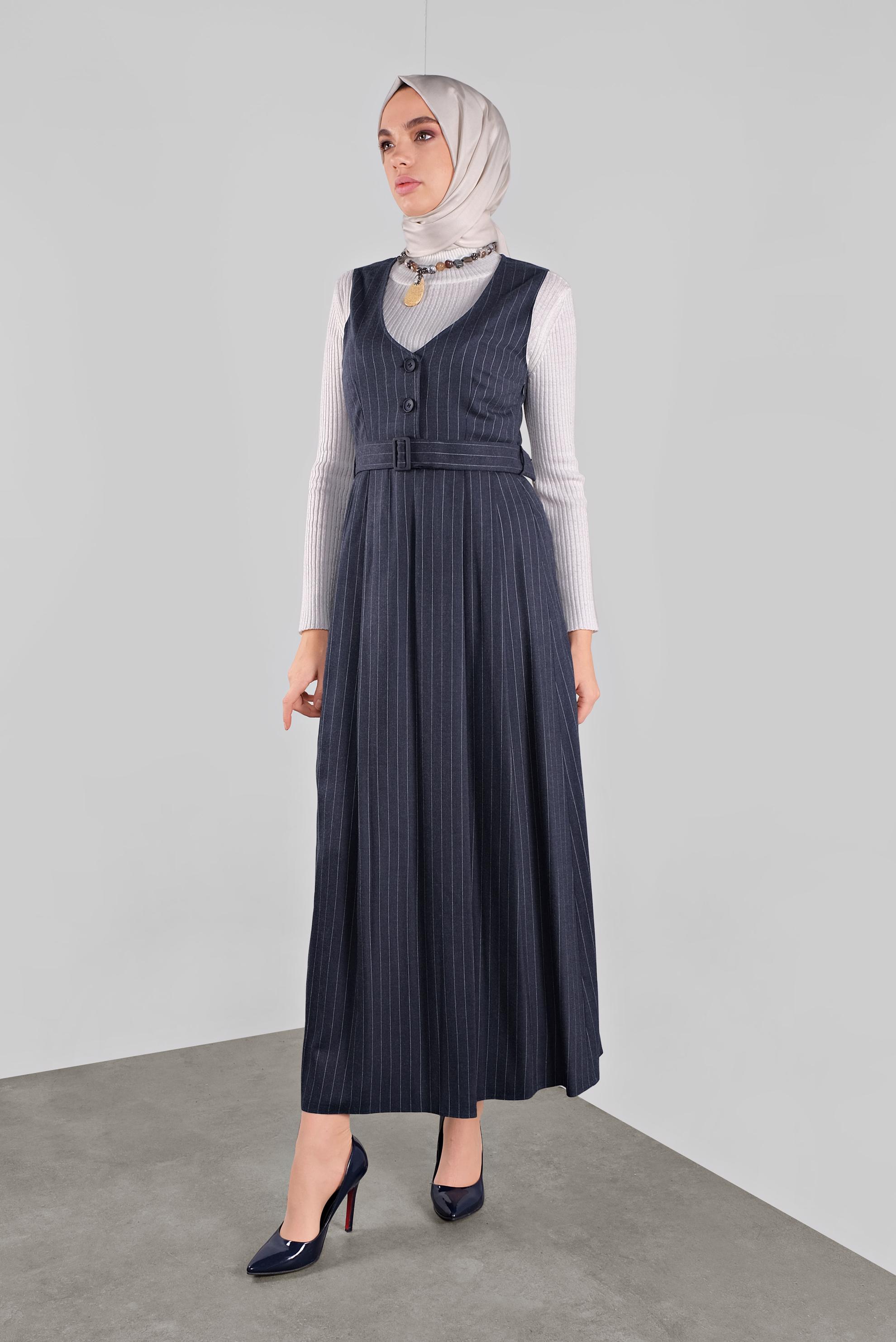 Tesettür giyim LACİVERT ÇİZGİLİ KEMERLİ JİLE 41267 