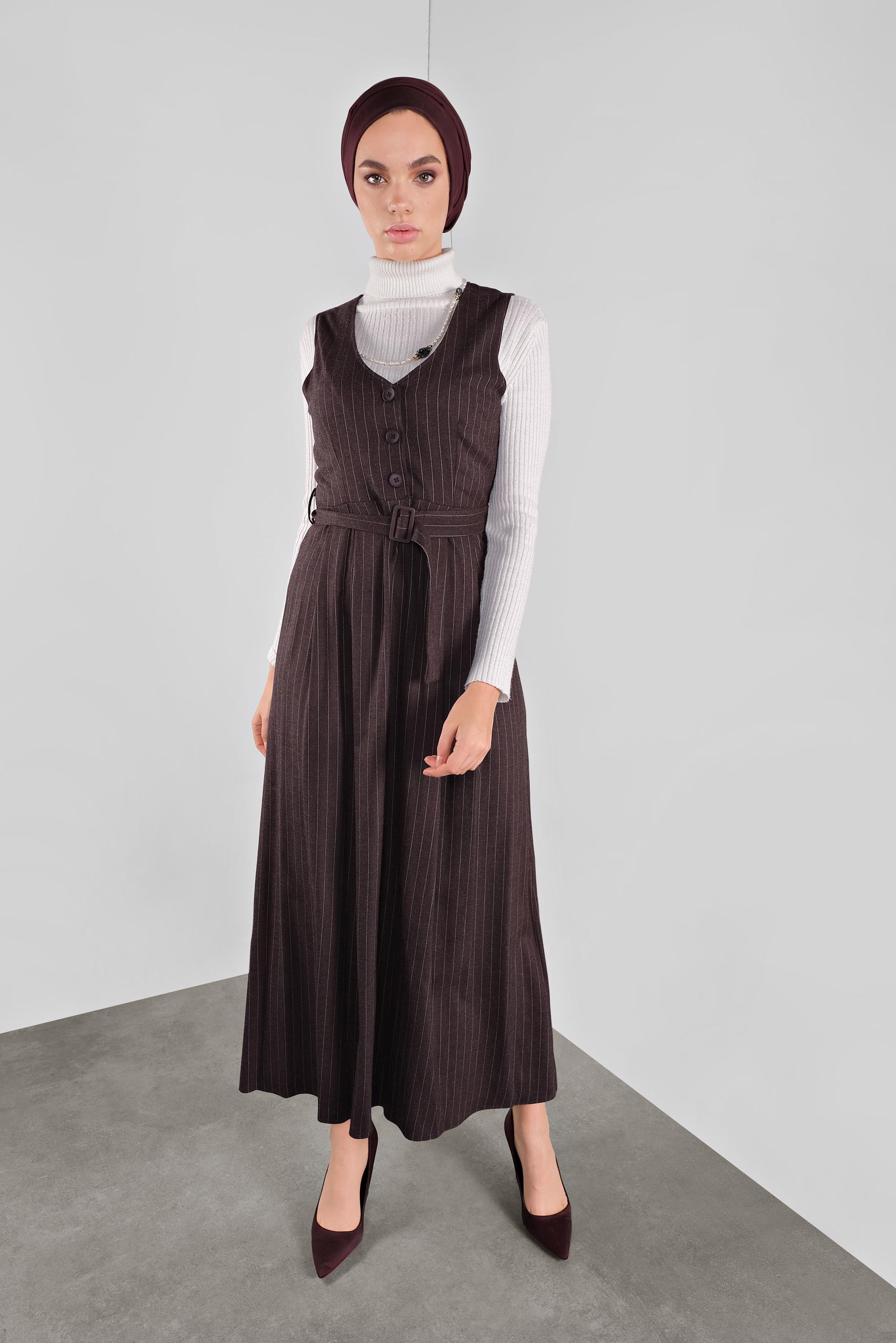 Tesettür giyim MÜRDÜM ÇİZGİLİ KEMERLİ JİLE 41267 