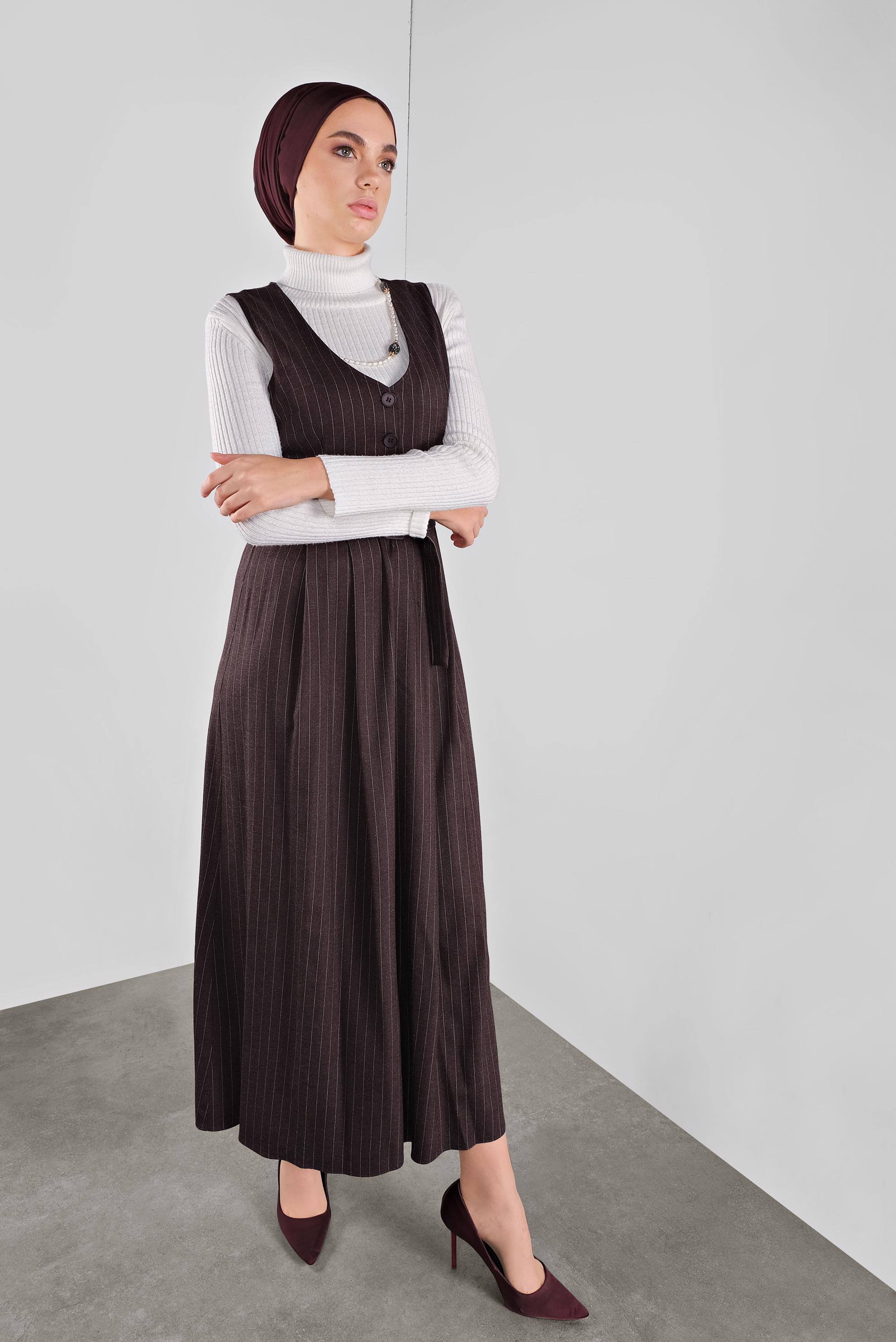 Tesettür giyim MÜRDÜM ÇİZGİLİ KEMERLİ JİLE 41267 