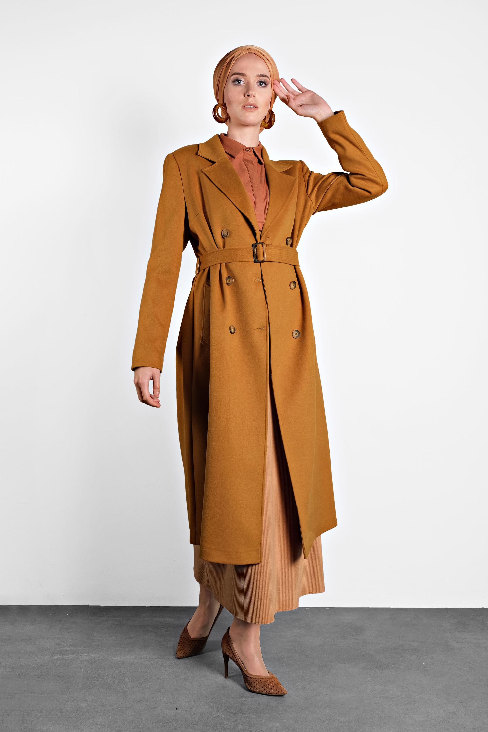 Hijab clothing YELLOW BUTTONED BELTED WALKER COAT 90003