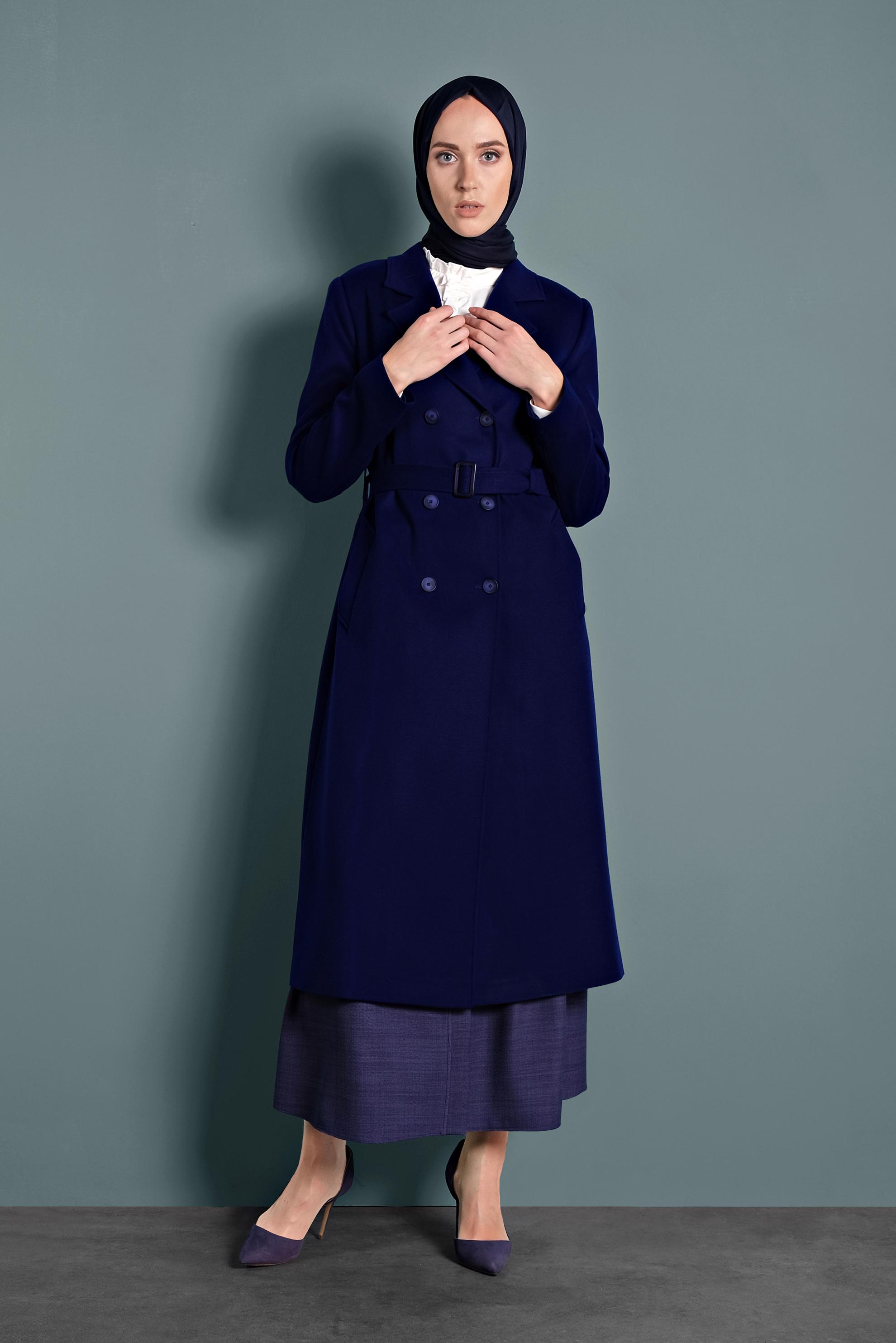 Hijab clothing NAVY BLUE BUTTONED BELTED WALKER COAT 90003