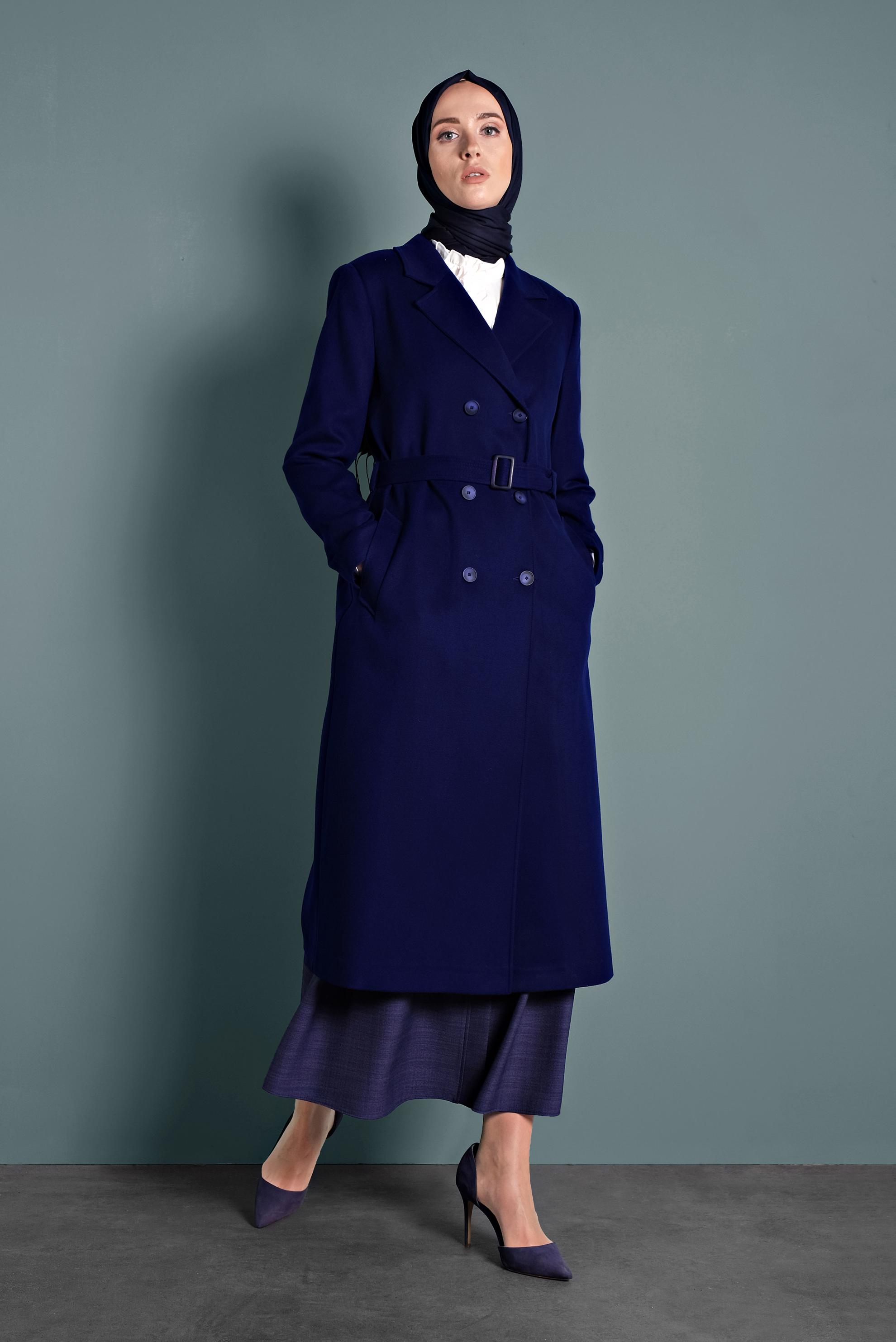 Hijab clothing NAVY BLUE BUTTONED BELTED WALKER COAT 90003