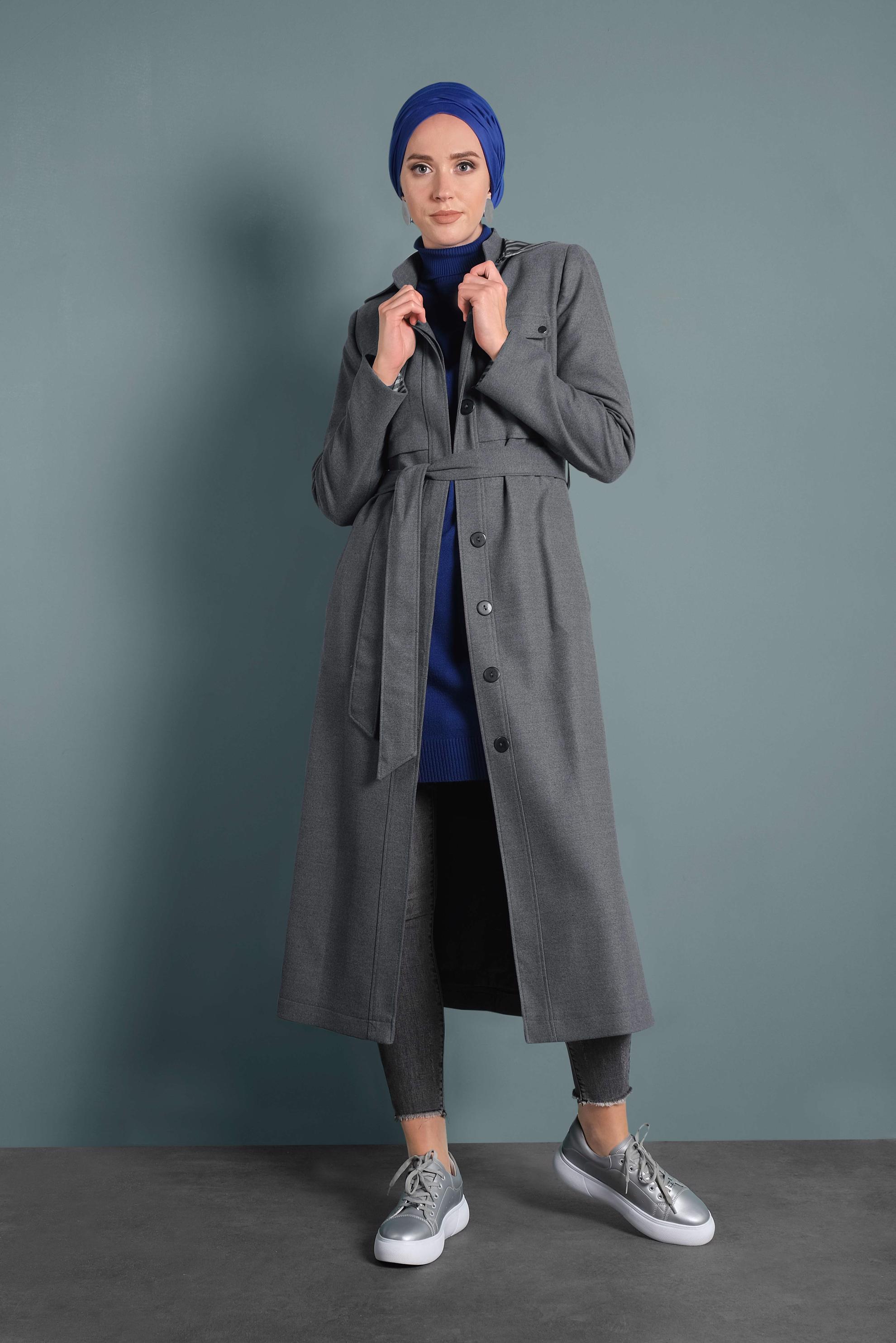 Tesettür giyim GRİ KAPÜŞONLU KUŞAKLI KABAN 90007 