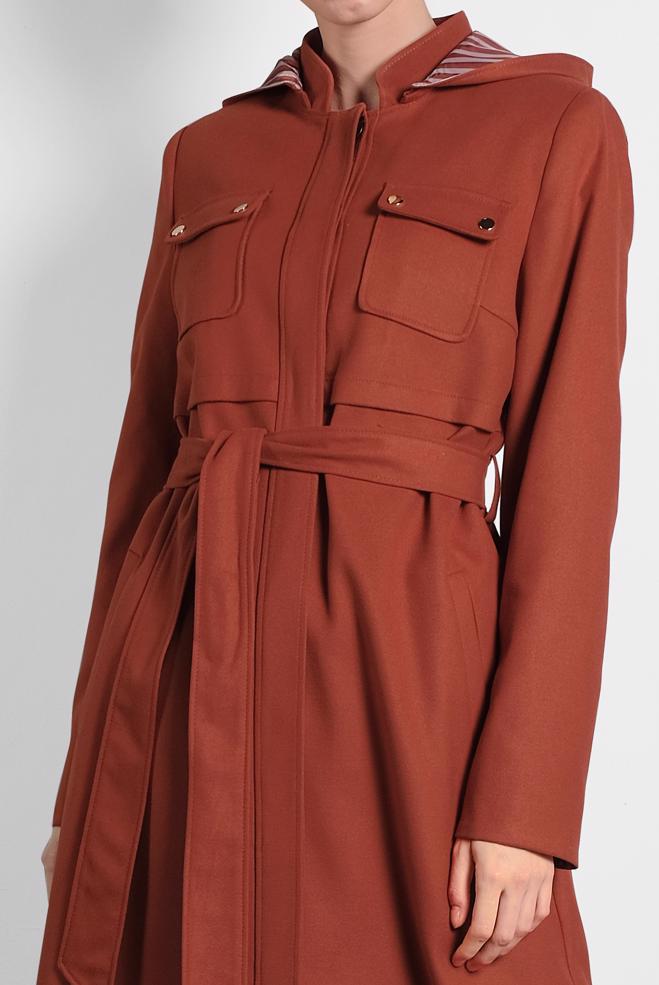 Tesettür giyim TURUNCU KAPÜŞONLU KUŞAKLI KABAN 90007  - ALVİNA