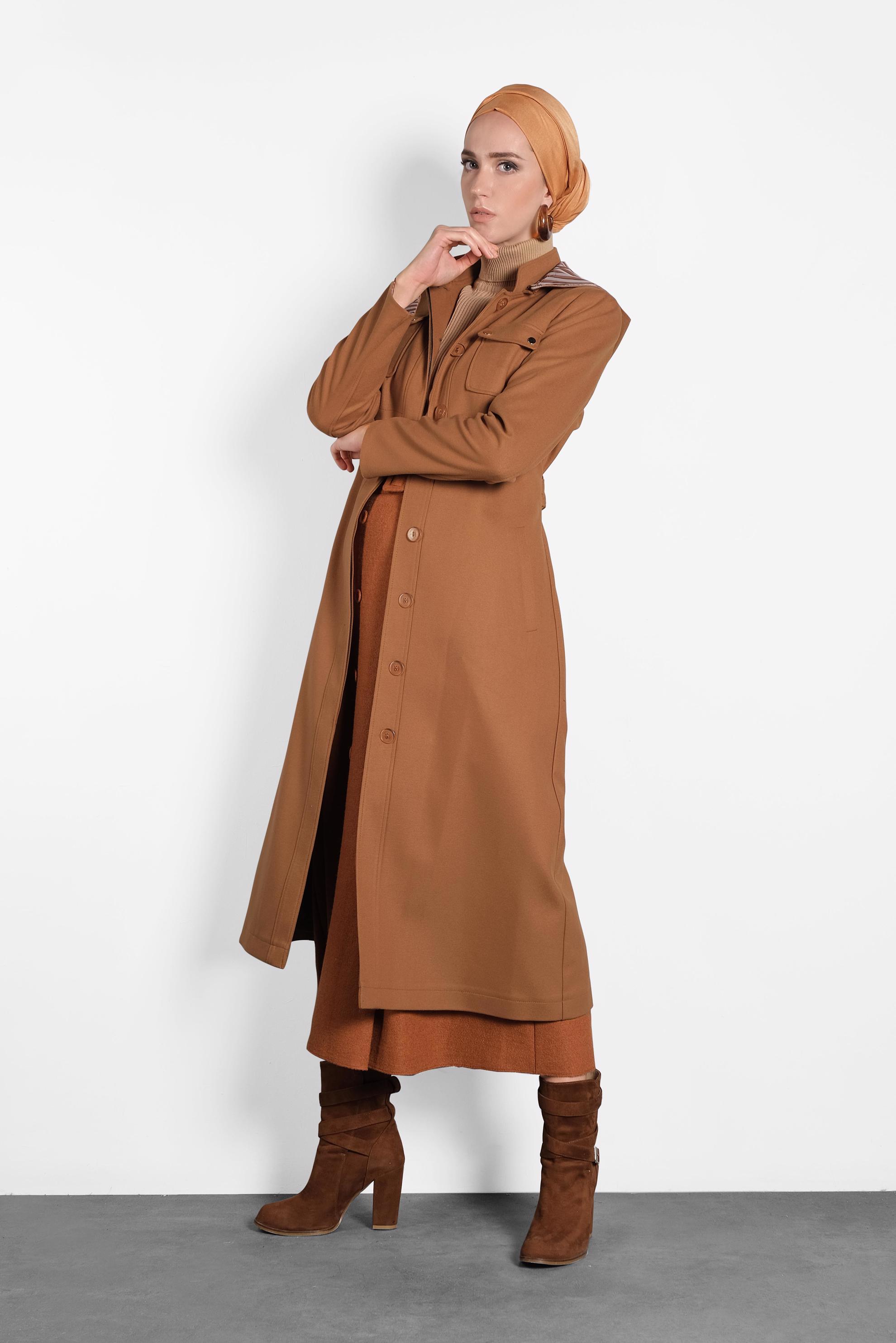 Hijab clothing TABA HOODED BELTED COAT 90007 