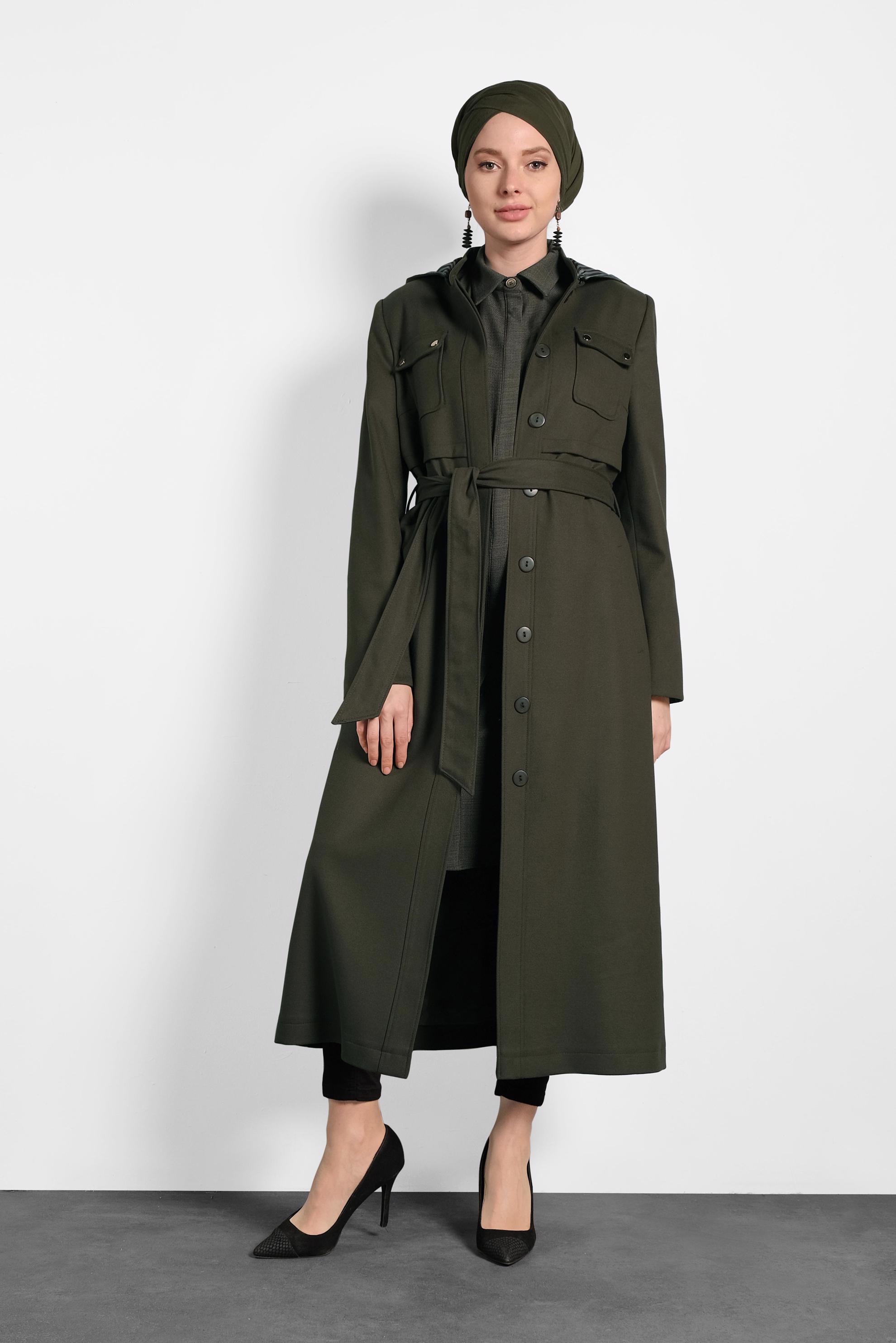 Hijab clothing KHAKI HOODED BELTED COAT 90007 