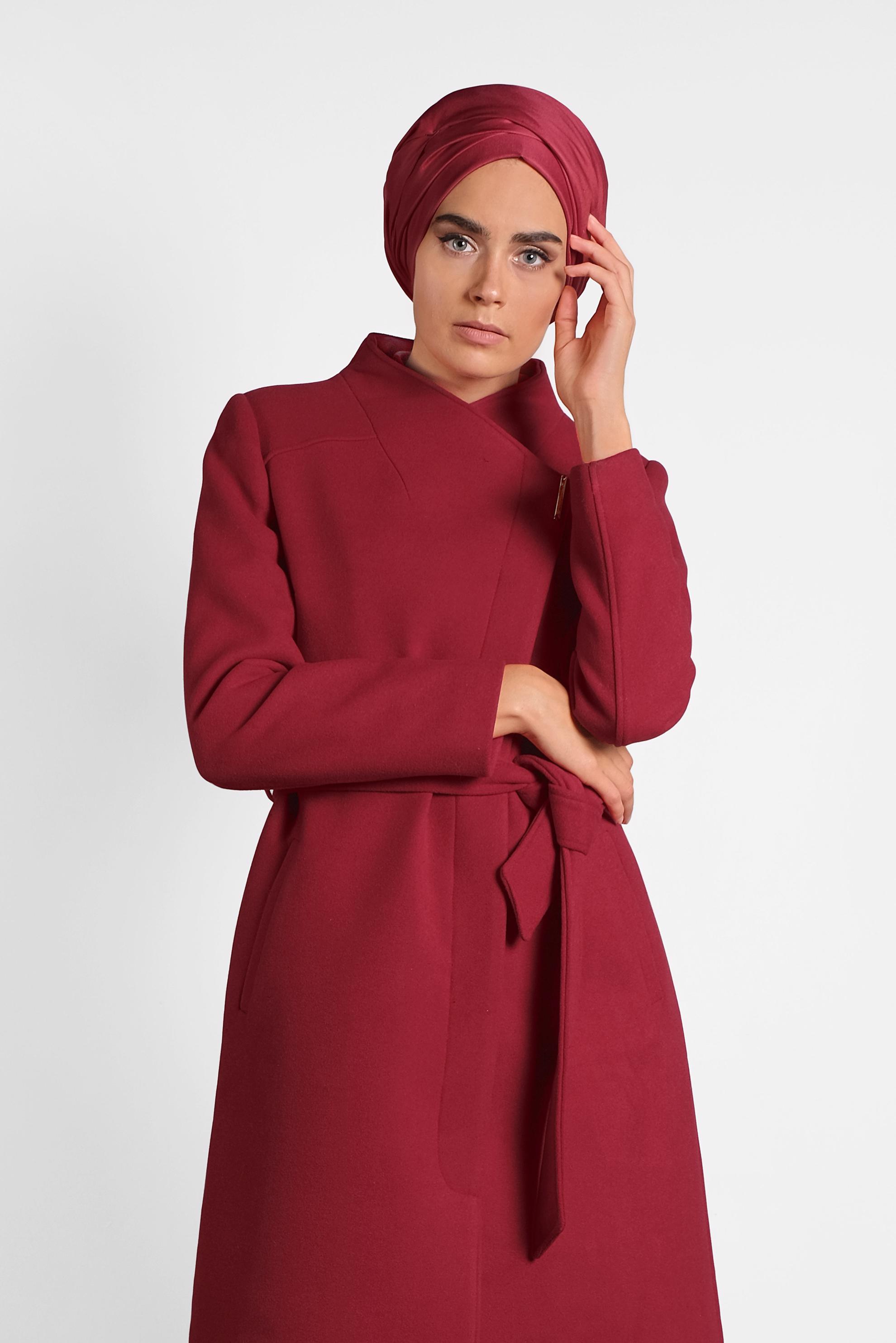 Hijab clothing RED MANDARIN COLLAR BELTED COAT 90009 