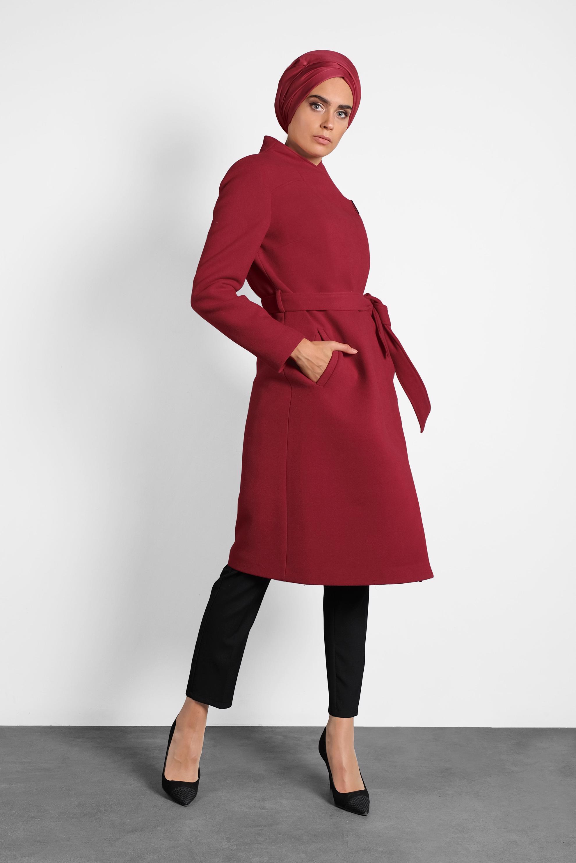 Hijab clothing RED MANDARIN COLLAR BELTED COAT 90009 