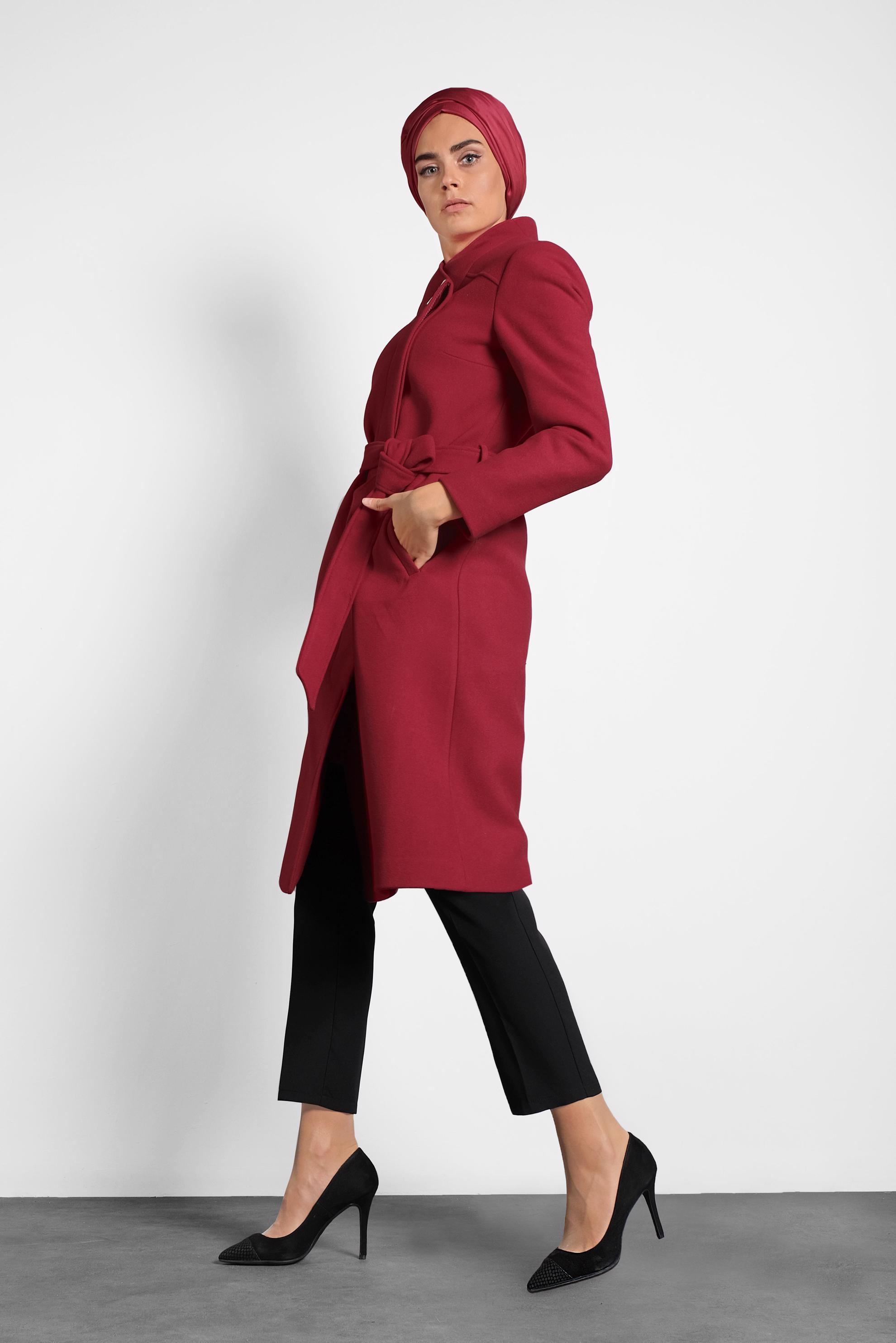 Hijab clothing RED MANDARIN COLLAR BELTED COAT 90009 