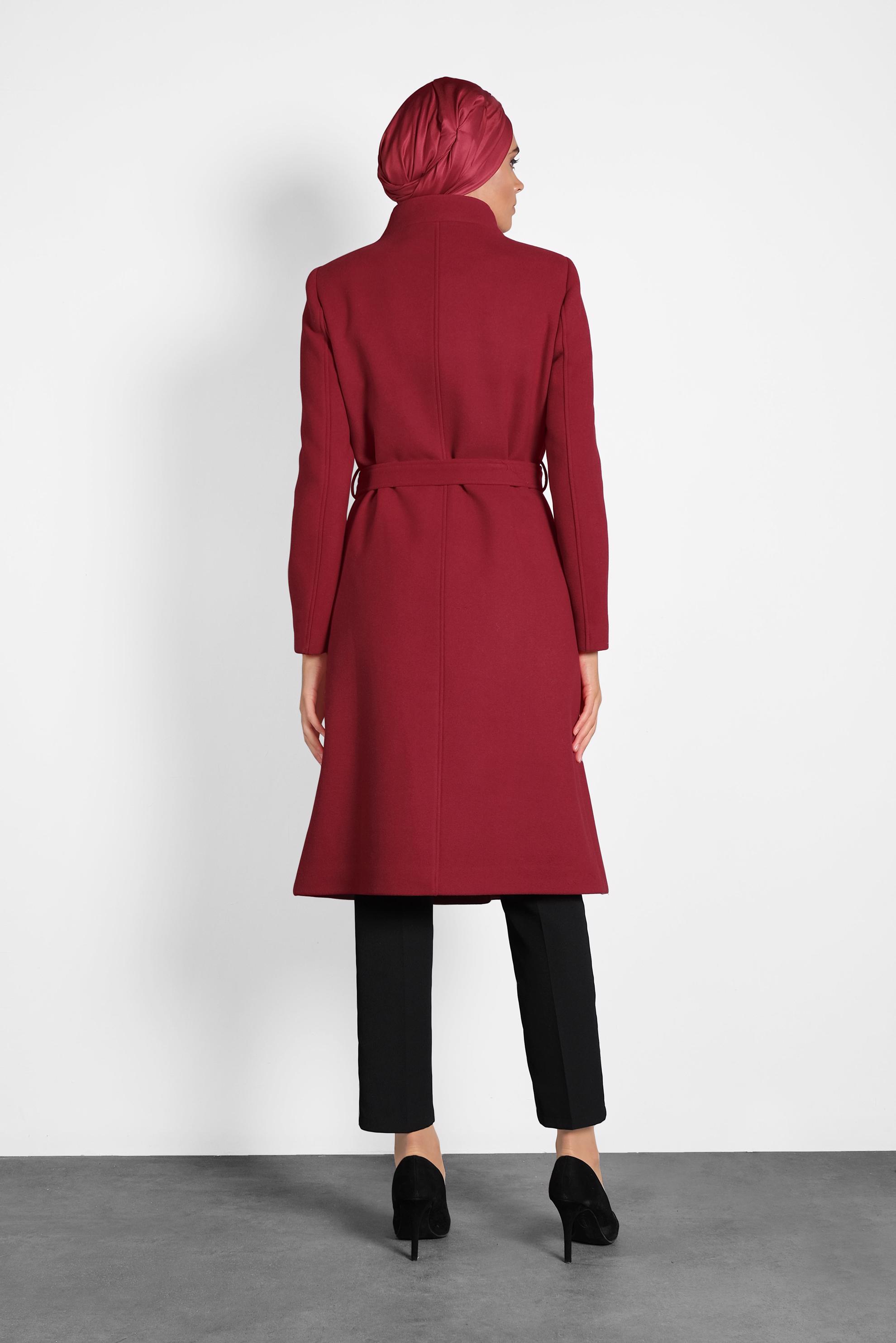 Hijab clothing RED MANDARIN COLLAR BELTED COAT 90009 