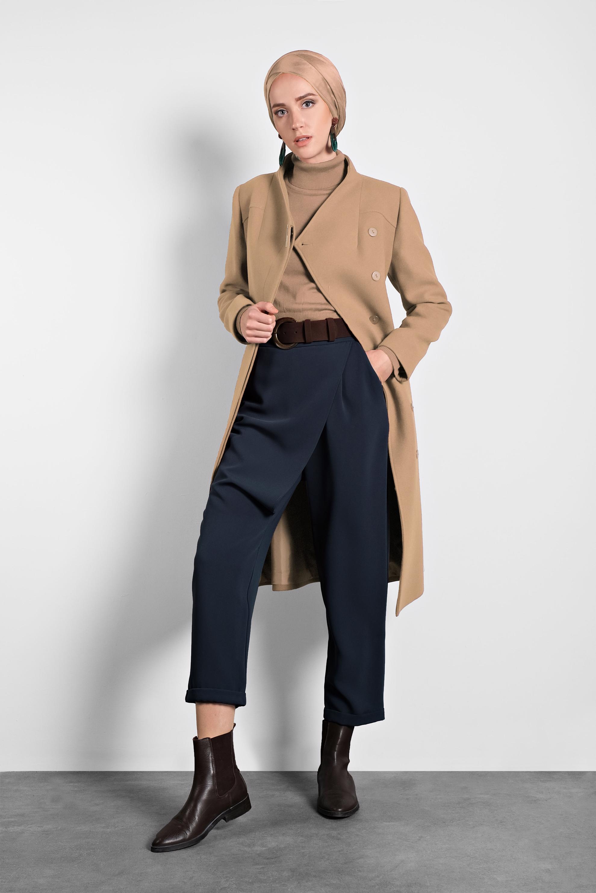 Tesettür giyim KAHVE HAKİM YAKA KUŞAKLI KABAN 90009 