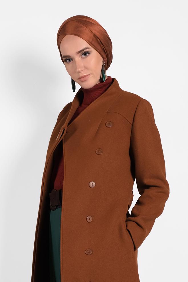 Hijab clothing  MANDARIN COLLAR BELTED COAT 90009  - ALVİNA