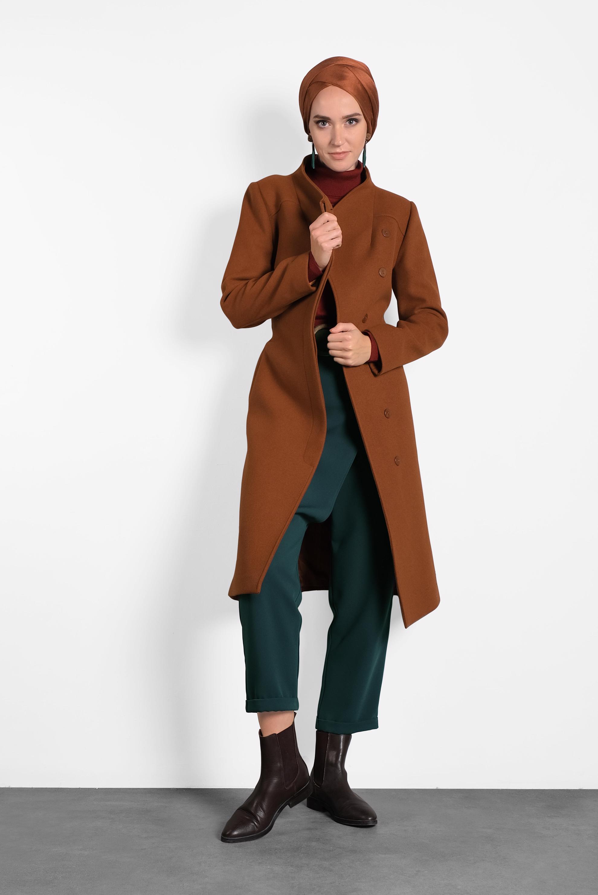 Tesettür giyim TURUNCU HAKİM YAKA KUŞAKLI KABAN 90009 