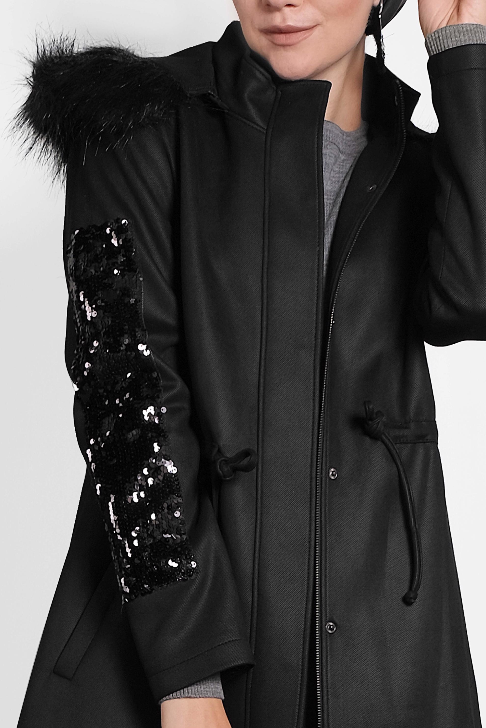 Tesettür giyim SİYAH KOLLARI PUL PAYET KÜRKLÜ KAPÜŞONLU GABARDİN KABAN 90010 