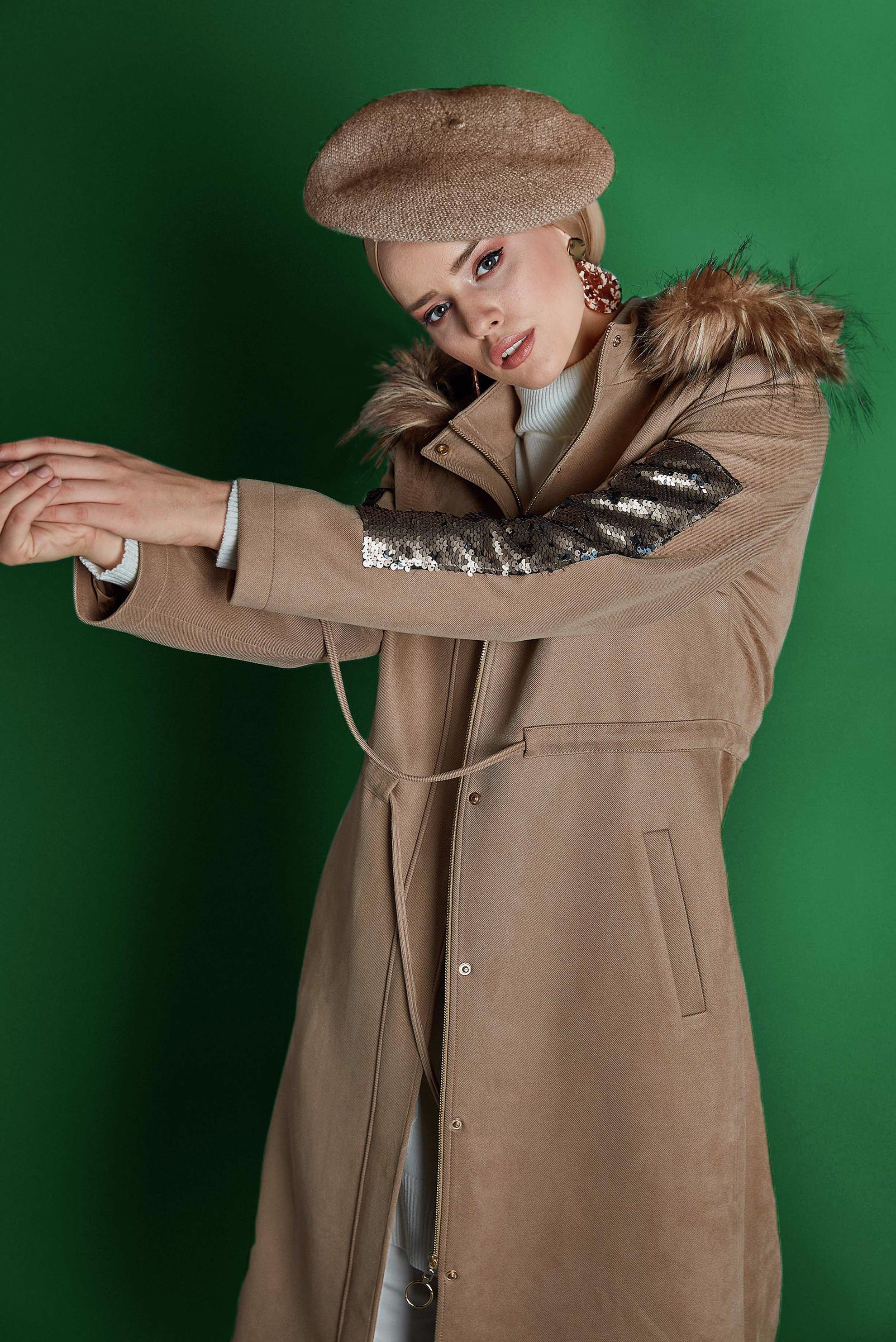 Hijab clothing BEIGE SLEEVES-SEQUINED HOODED FAUX-FUR GABERDINE COAT 90010 