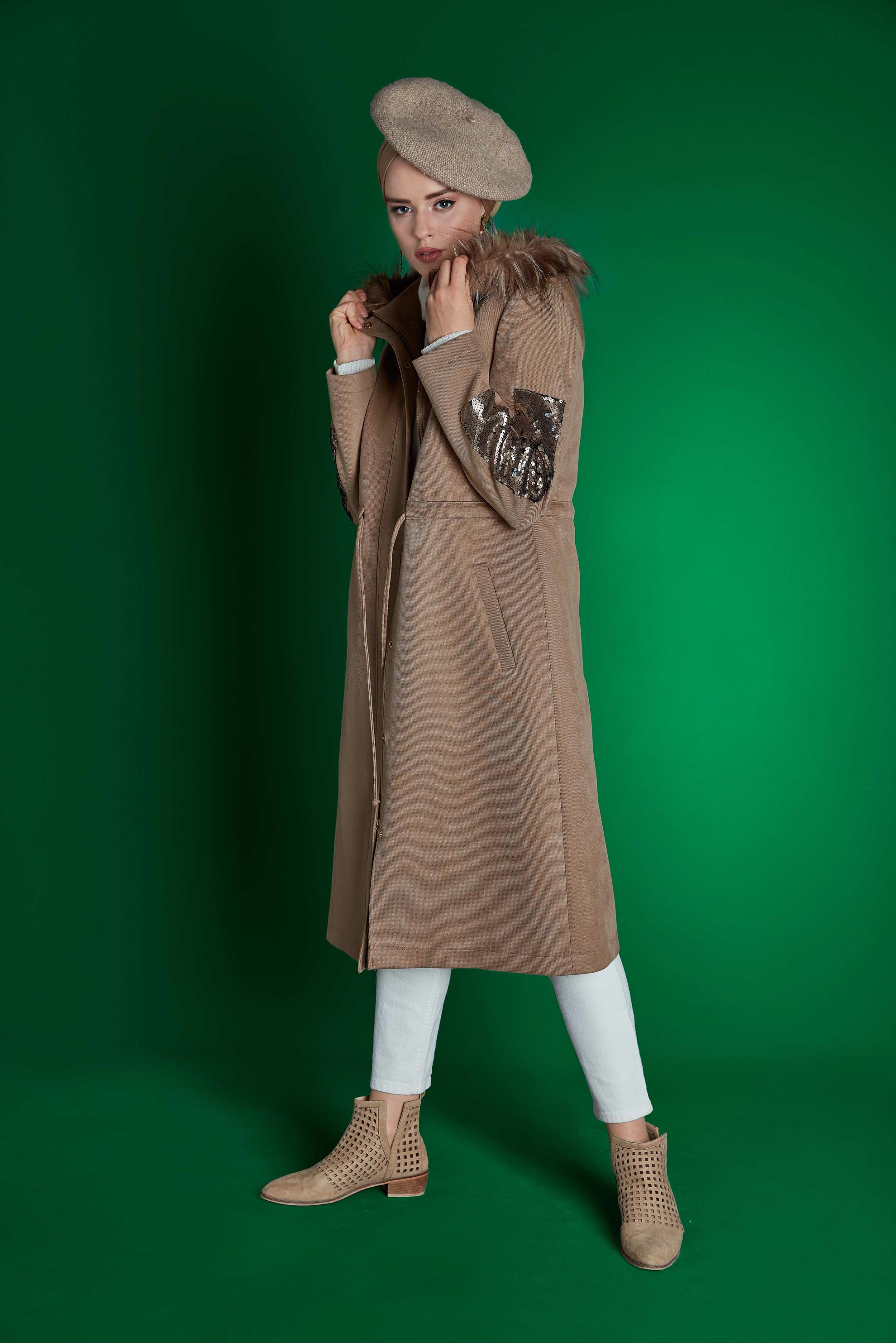 Hijab clothing BEIGE SLEEVES-SEQUINED HOODED FAUX-FUR GABERDINE COAT 90010 