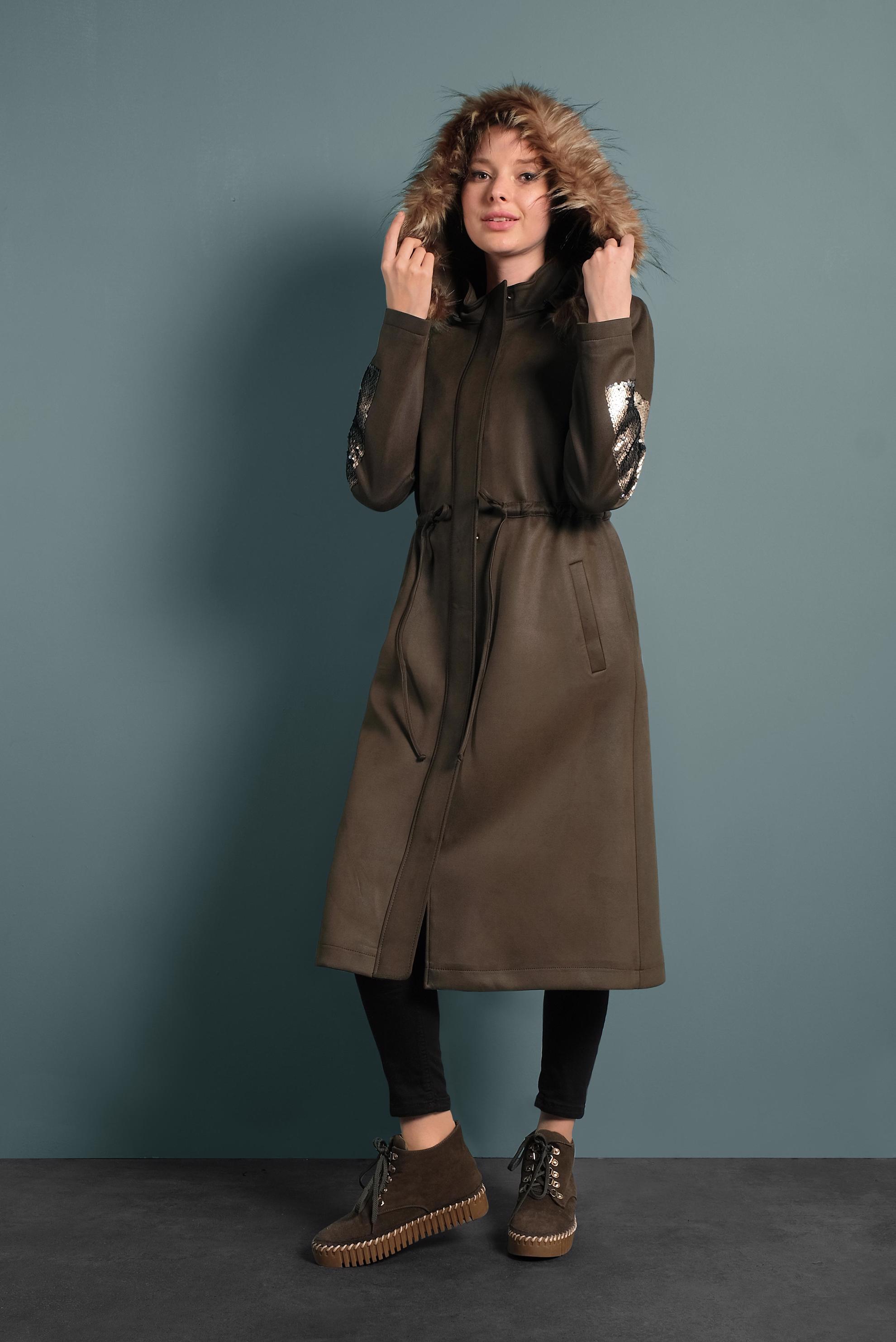 Hijab clothing KHAKI SLEEVES-SEQUINED HOODED FAUX-FUR GABERDINE COAT 90010 