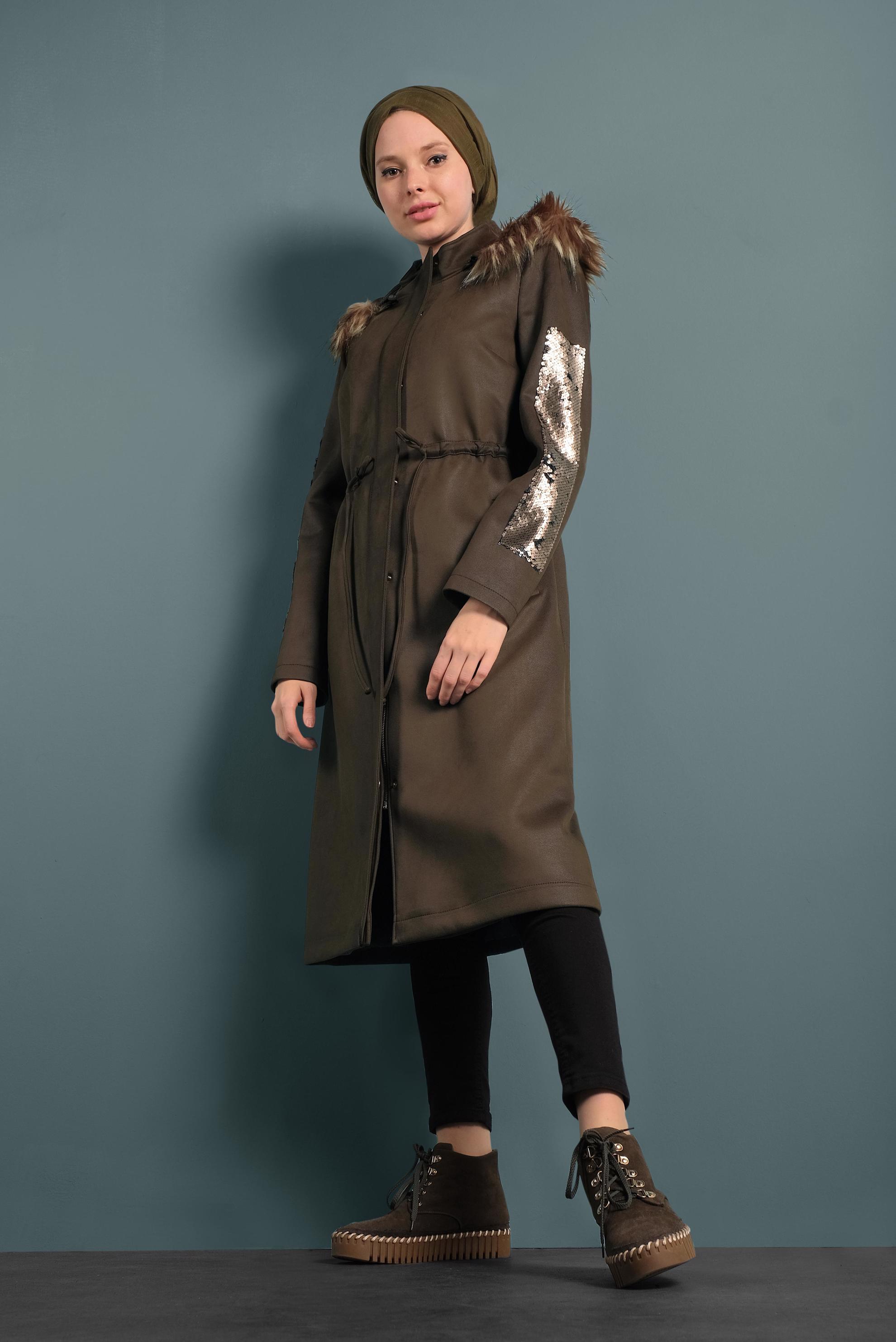 Hijab clothing KHAKI SLEEVES-SEQUINED HOODED FAUX-FUR GABERDINE COAT 90010 