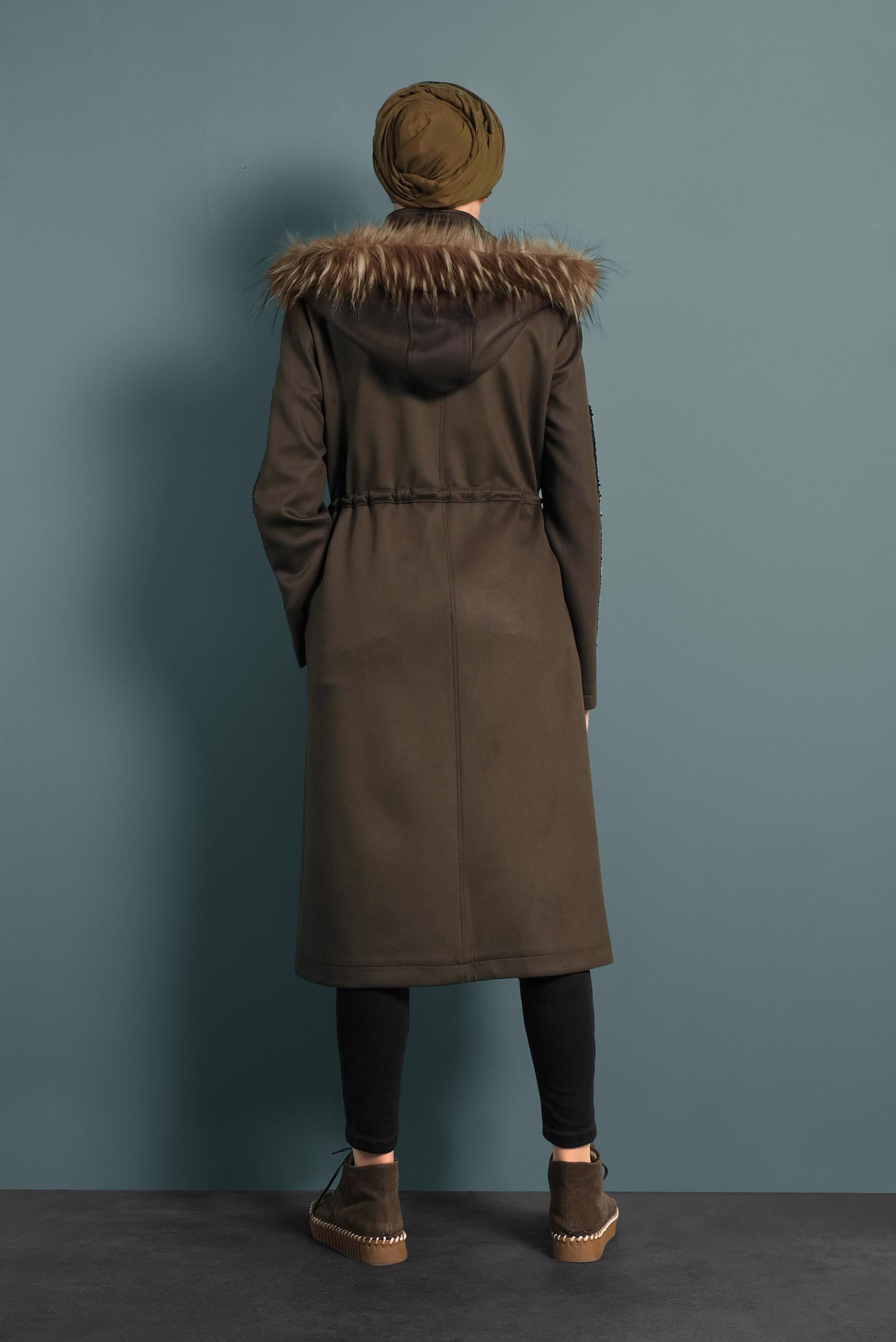 Hijab clothing KHAKI SLEEVES-SEQUINED HOODED FAUX-FUR GABERDINE COAT 90010 