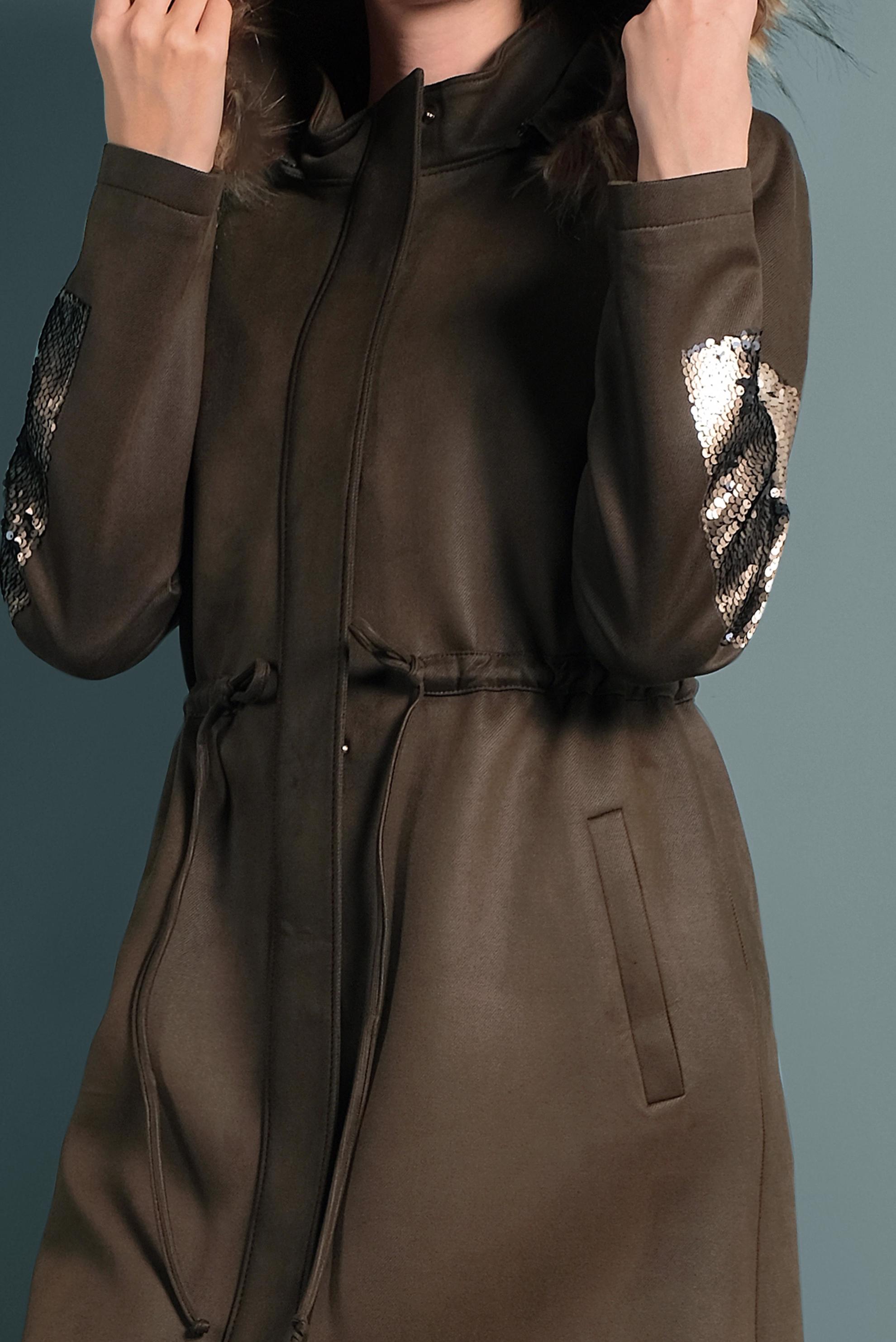 Hijab clothing KHAKI SLEEVES-SEQUINED HOODED FAUX-FUR GABERDINE COAT 90010 