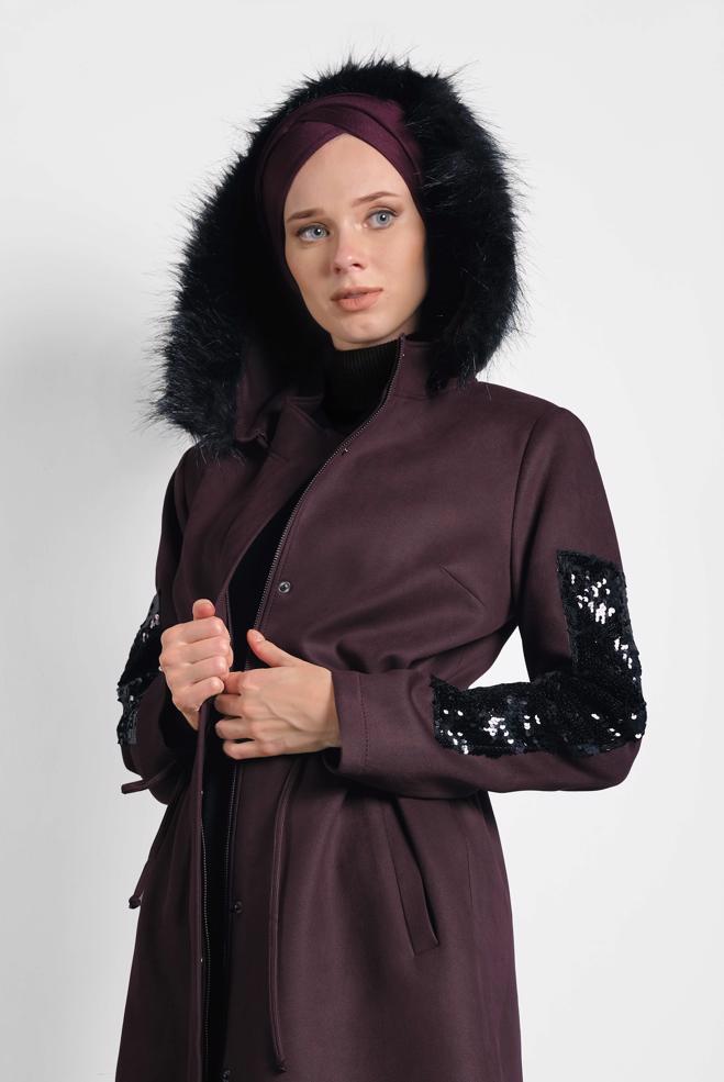 Tesettür giyim MÜRDÜM KOLLARI PUL PAYET KÜRKLÜ KAPÜŞONLU GABARDİN KABAN 90010  - ALVİNA