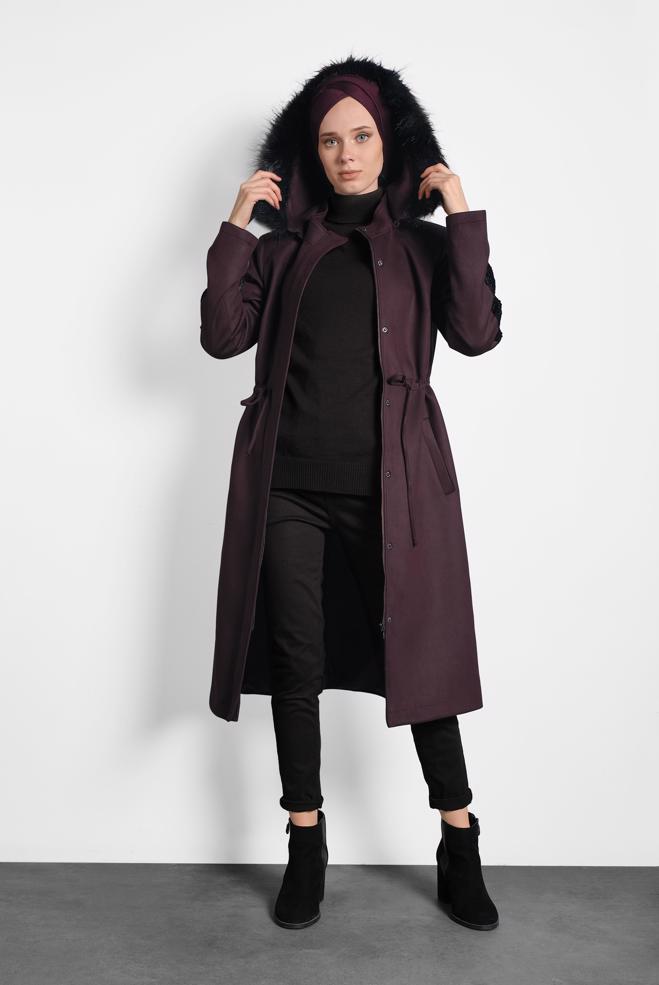 Tesettür giyim MÜRDÜM KOLLARI PUL PAYET KÜRKLÜ KAPÜŞONLU GABARDİN KABAN 90010  - ALVİNA