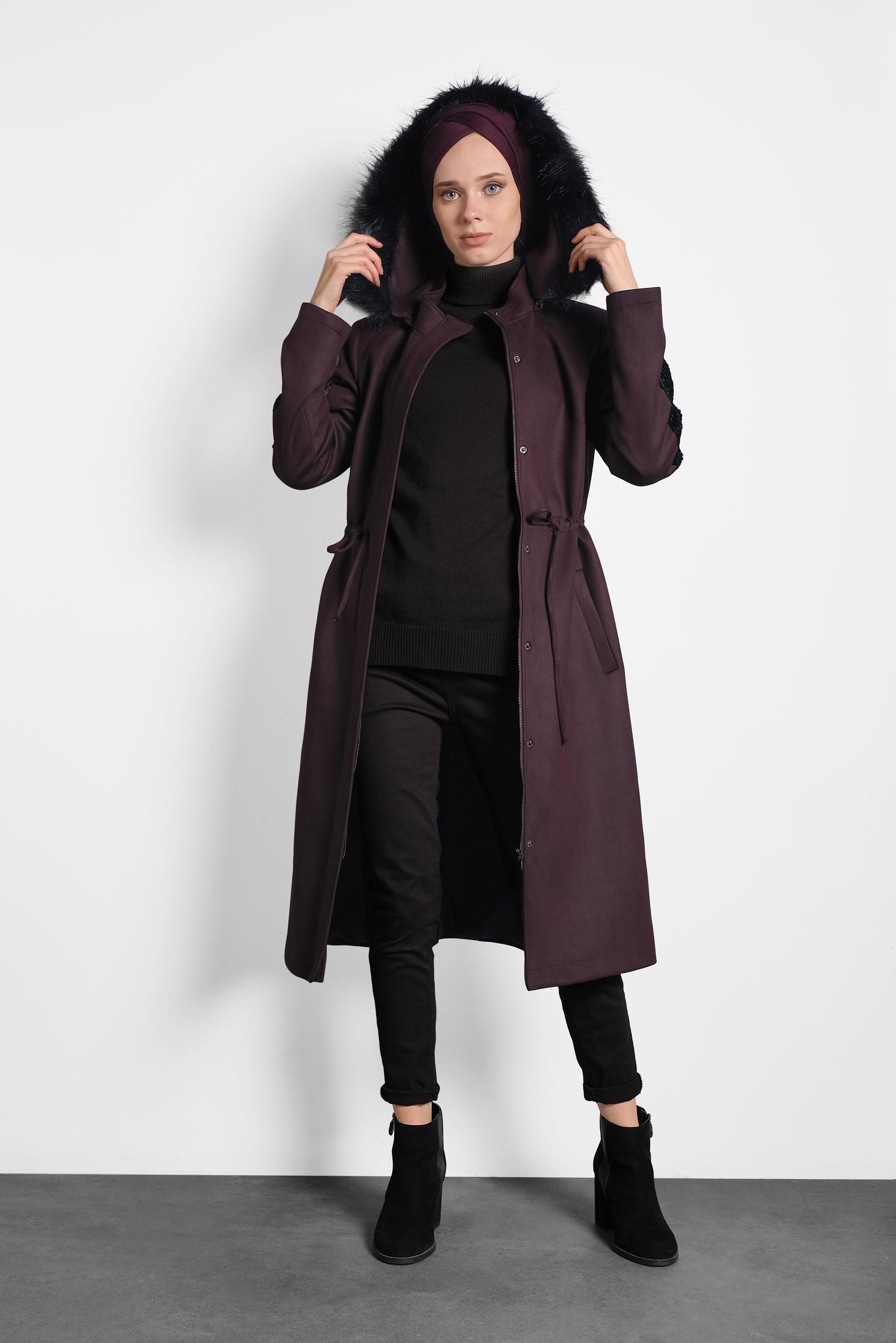 Tesettür giyim MÜRDÜM KOLLARI PUL PAYET KÜRKLÜ KAPÜŞONLU GABARDİN KABAN 90010 