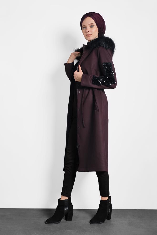 Tesettür giyim MÜRDÜM KOLLARI PUL PAYET KÜRKLÜ KAPÜŞONLU GABARDİN KABAN 90010  - ALVİNA