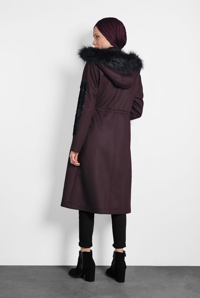 Tesettür giyim MÜRDÜM KOLLARI PUL PAYET KÜRKLÜ KAPÜŞONLU GABARDİN KABAN 90010  - ALVİNA