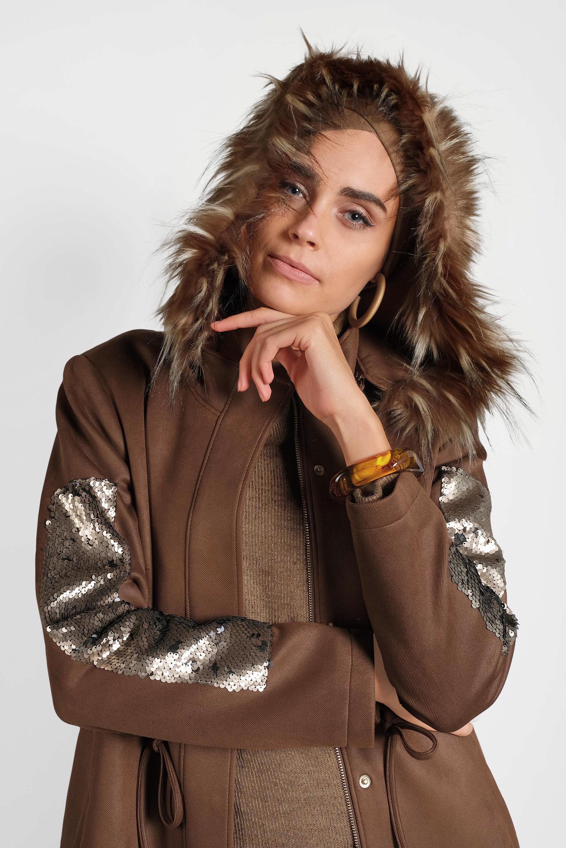Hijab clothing TABA SLEEVES-SEQUINED HOODED FAUX-FUR GABERDINE COAT 90010 