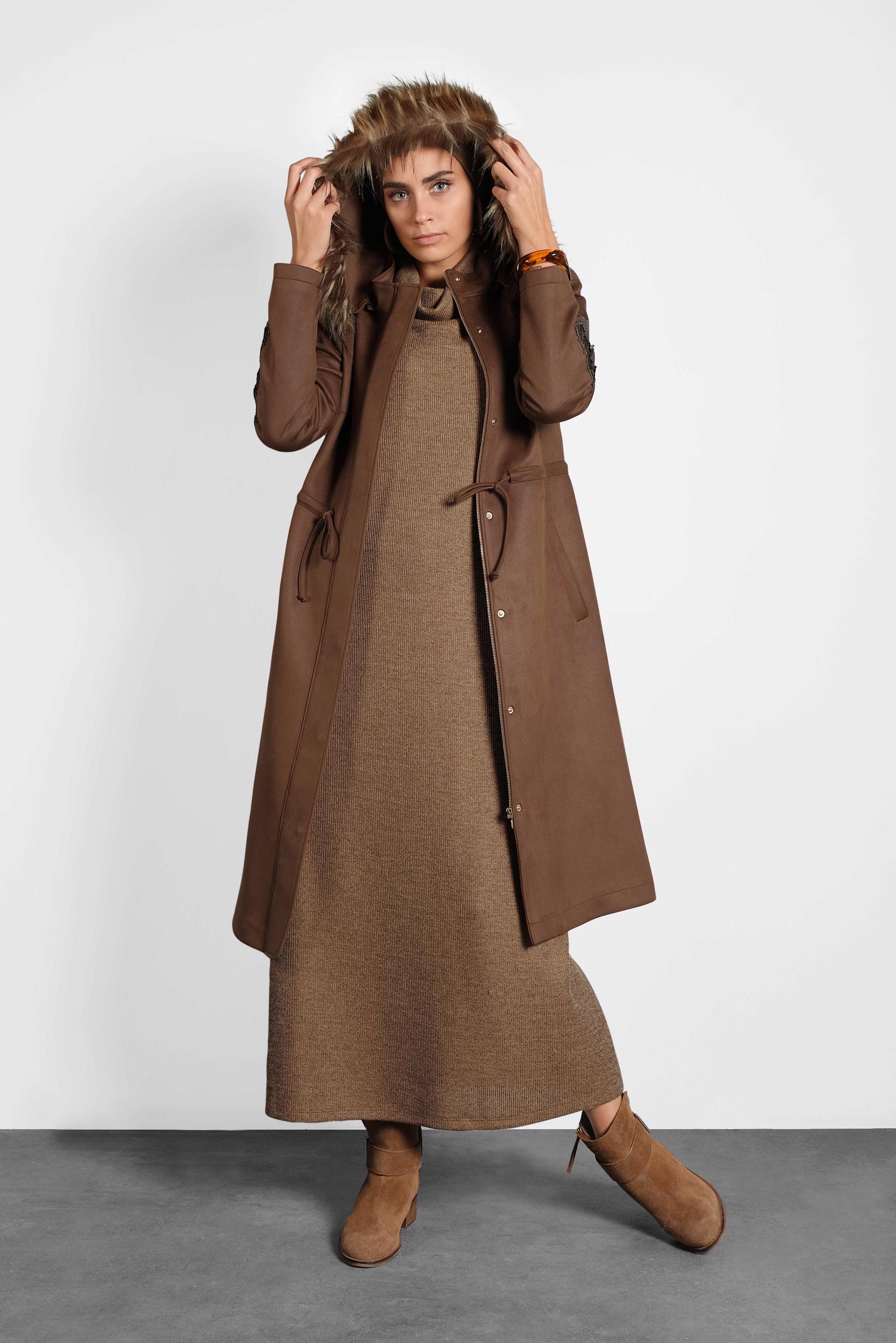 Hijab clothing TABA SLEEVES-SEQUINED HOODED FAUX-FUR GABERDINE COAT 90010 