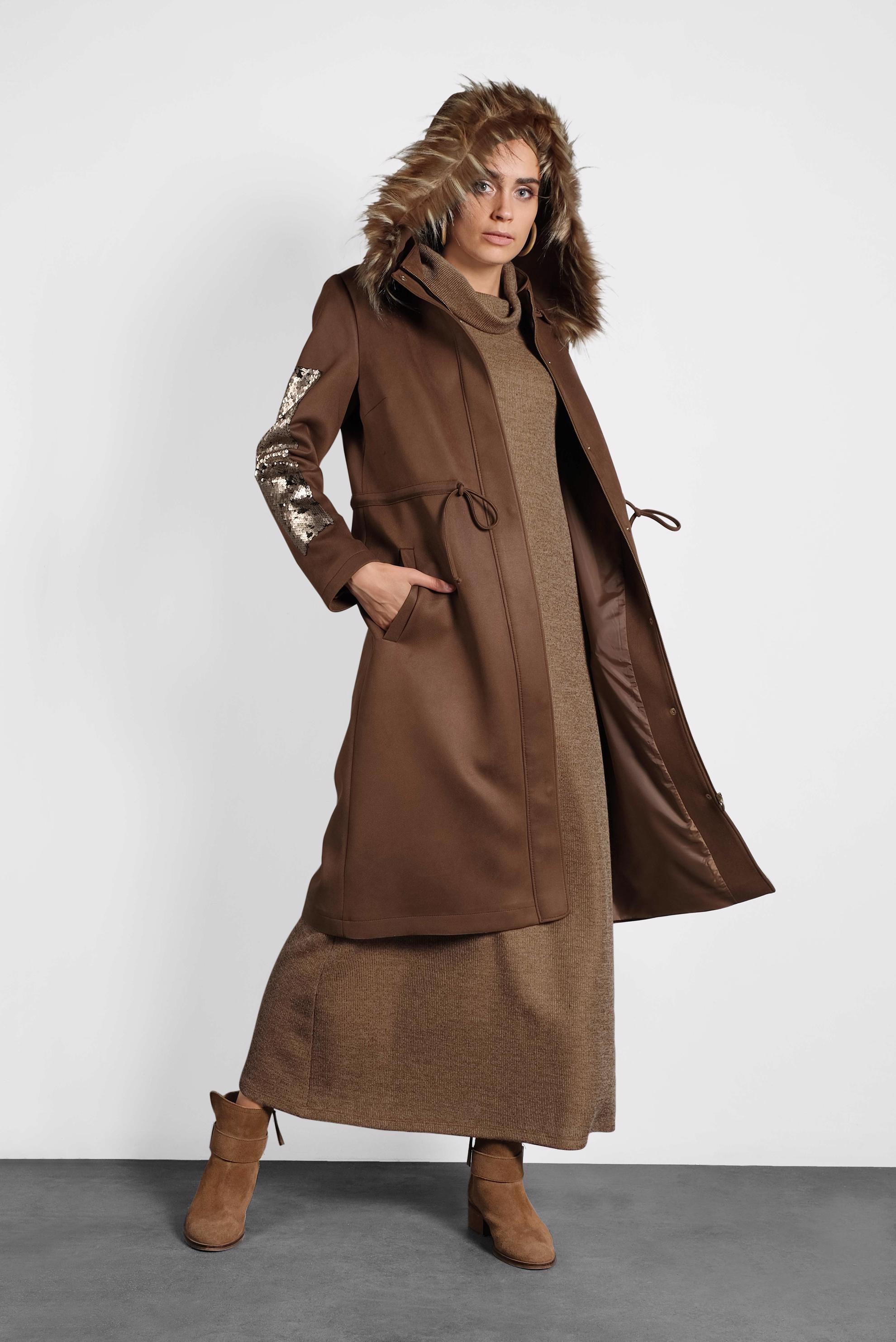Hijab clothing TABA SLEEVES-SEQUINED HOODED FAUX-FUR GABERDINE COAT 90010 