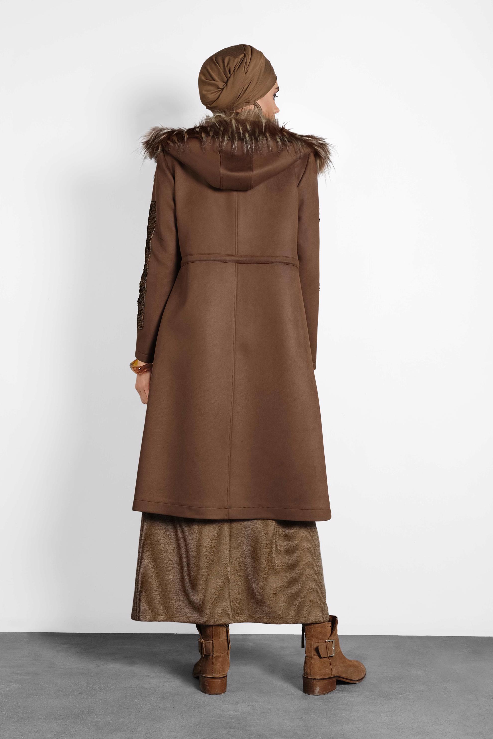 Hijab clothing TABA SLEEVES-SEQUINED HOODED FAUX-FUR GABERDINE COAT 90010 