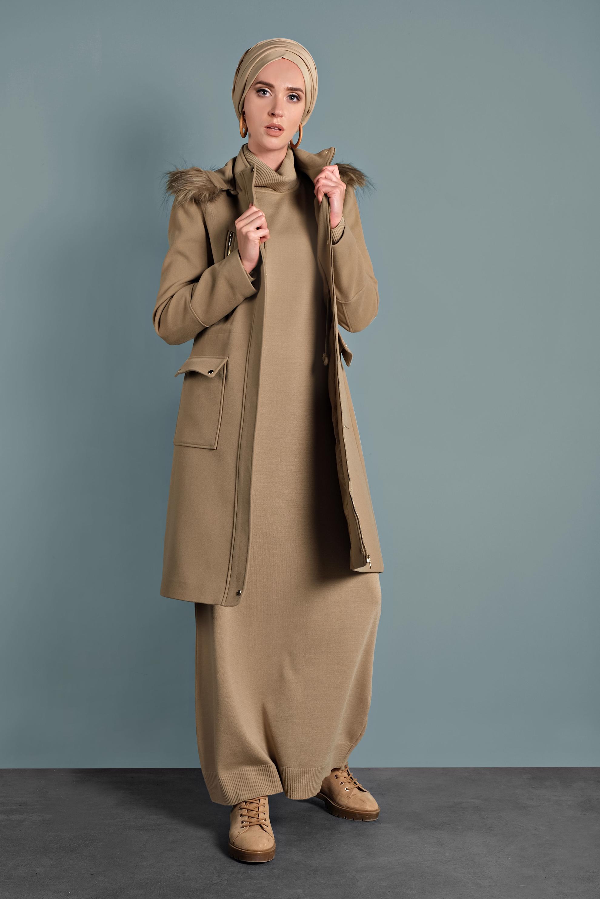 Hijab clothing BROWN FAUX-FUR-TRIM HOODED COAT 90012