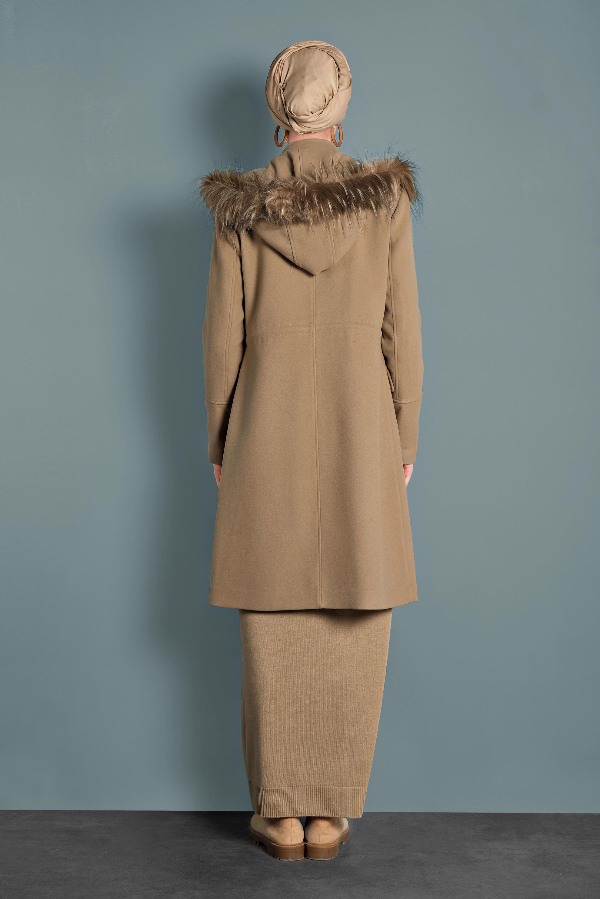 Hijab clothing BROWN FAUX-FUR-TRIM HOODED COAT 90012