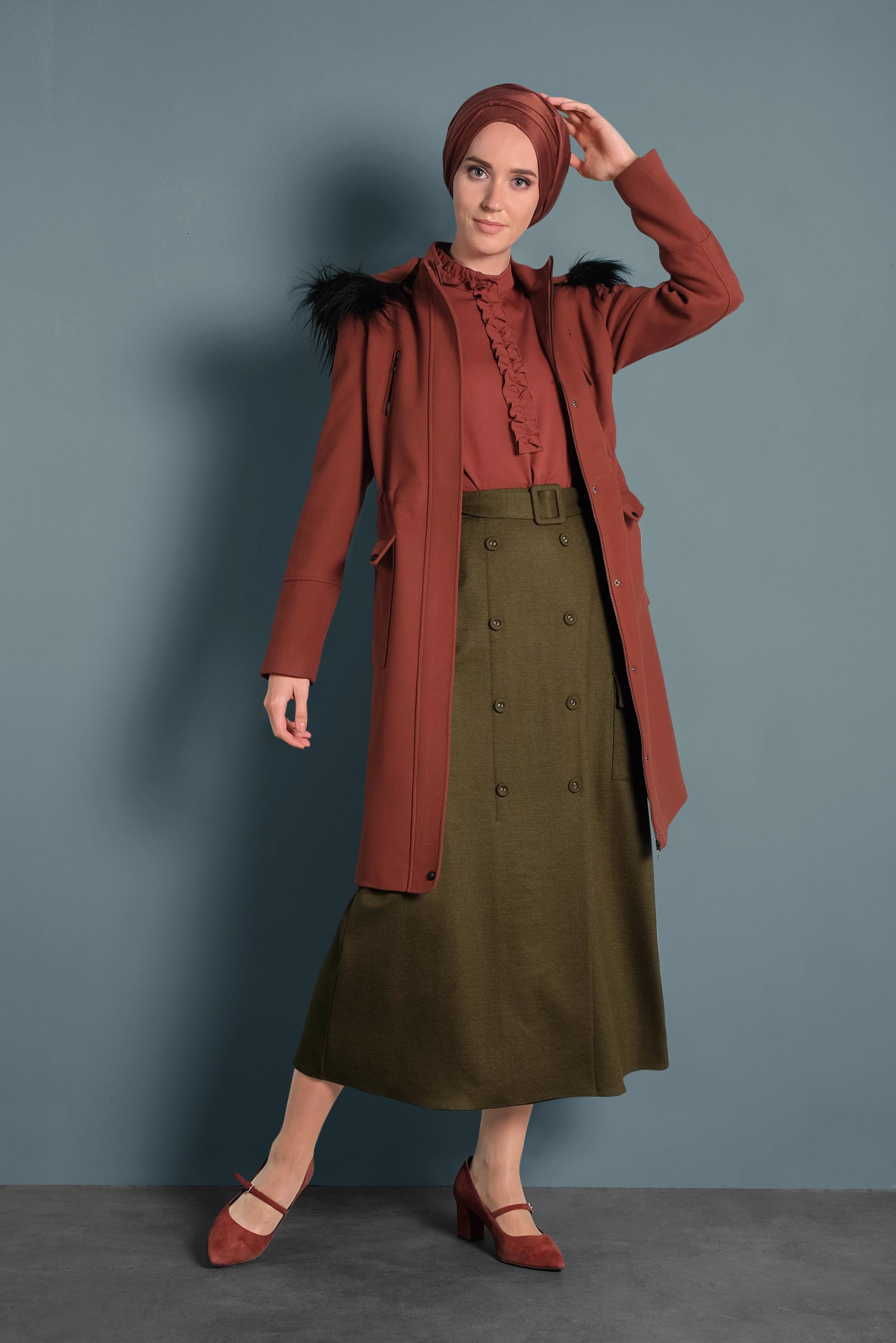 Tesettür giyim TURUNCU KAPÜŞONU KÜRKLÜ KABAN 90012