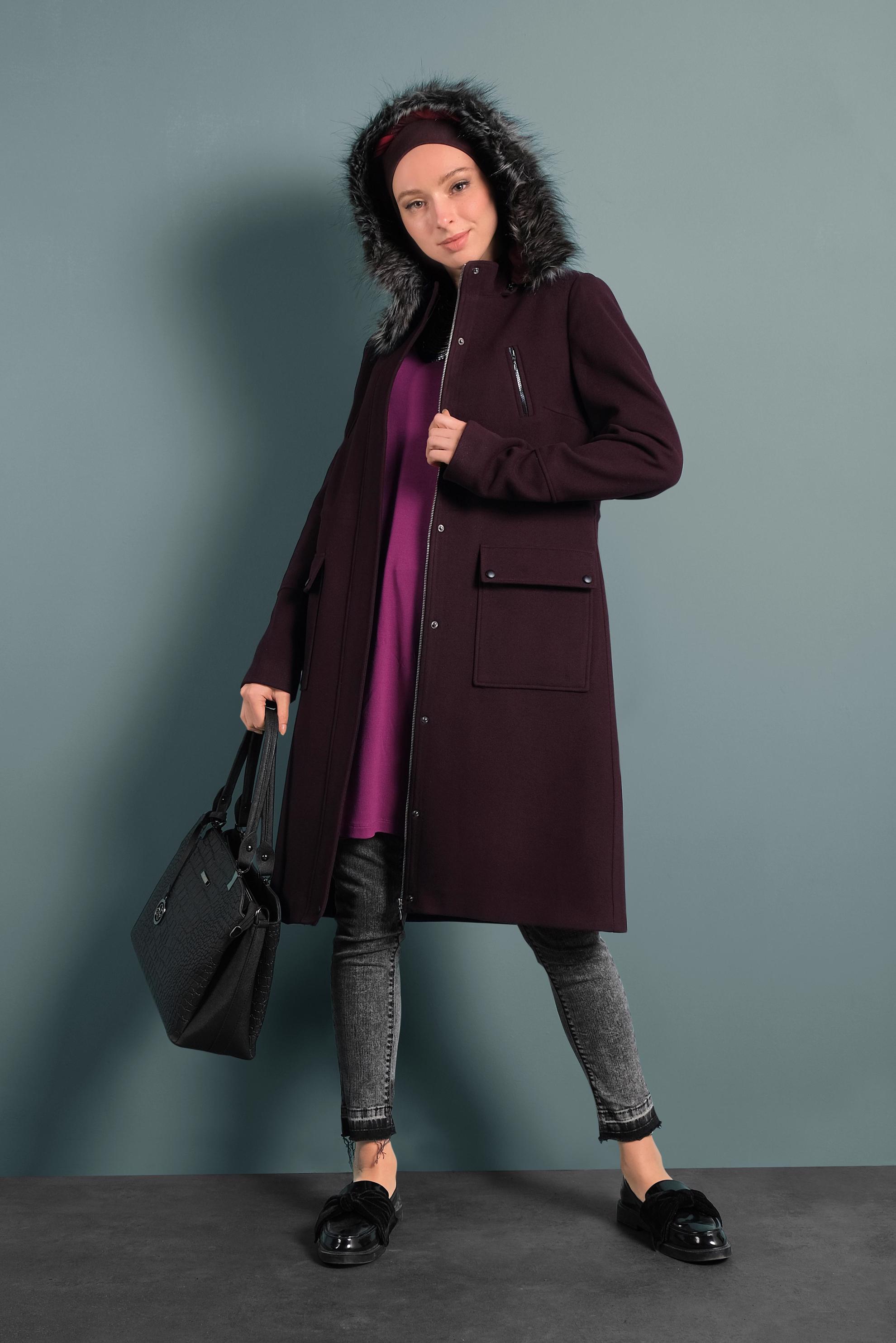 Tesettür giyim MÜRDÜM KAPÜŞONU KÜRKLÜ KABAN 90012