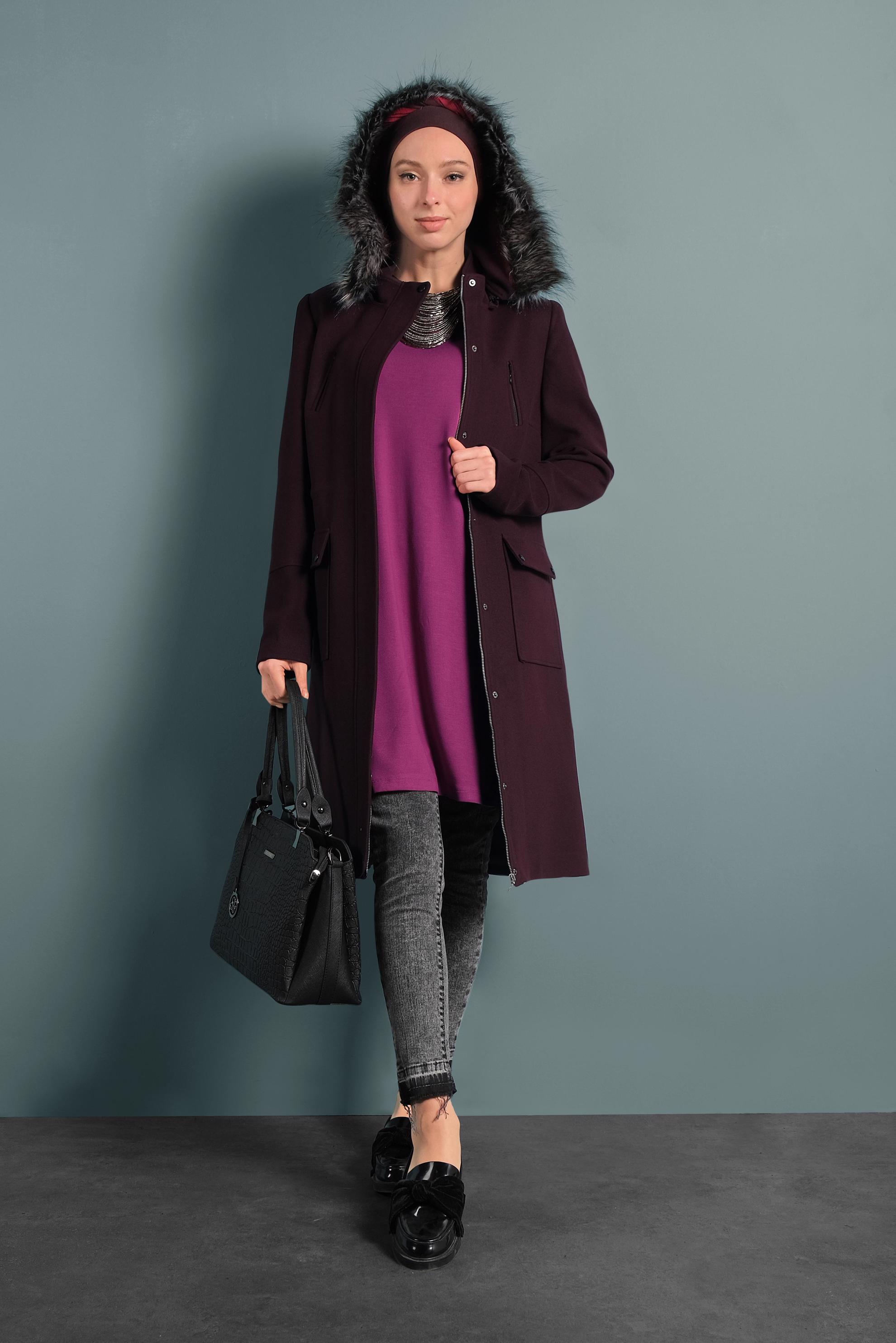 Tesettür giyim MÜRDÜM KAPÜŞONU KÜRKLÜ KABAN 90012