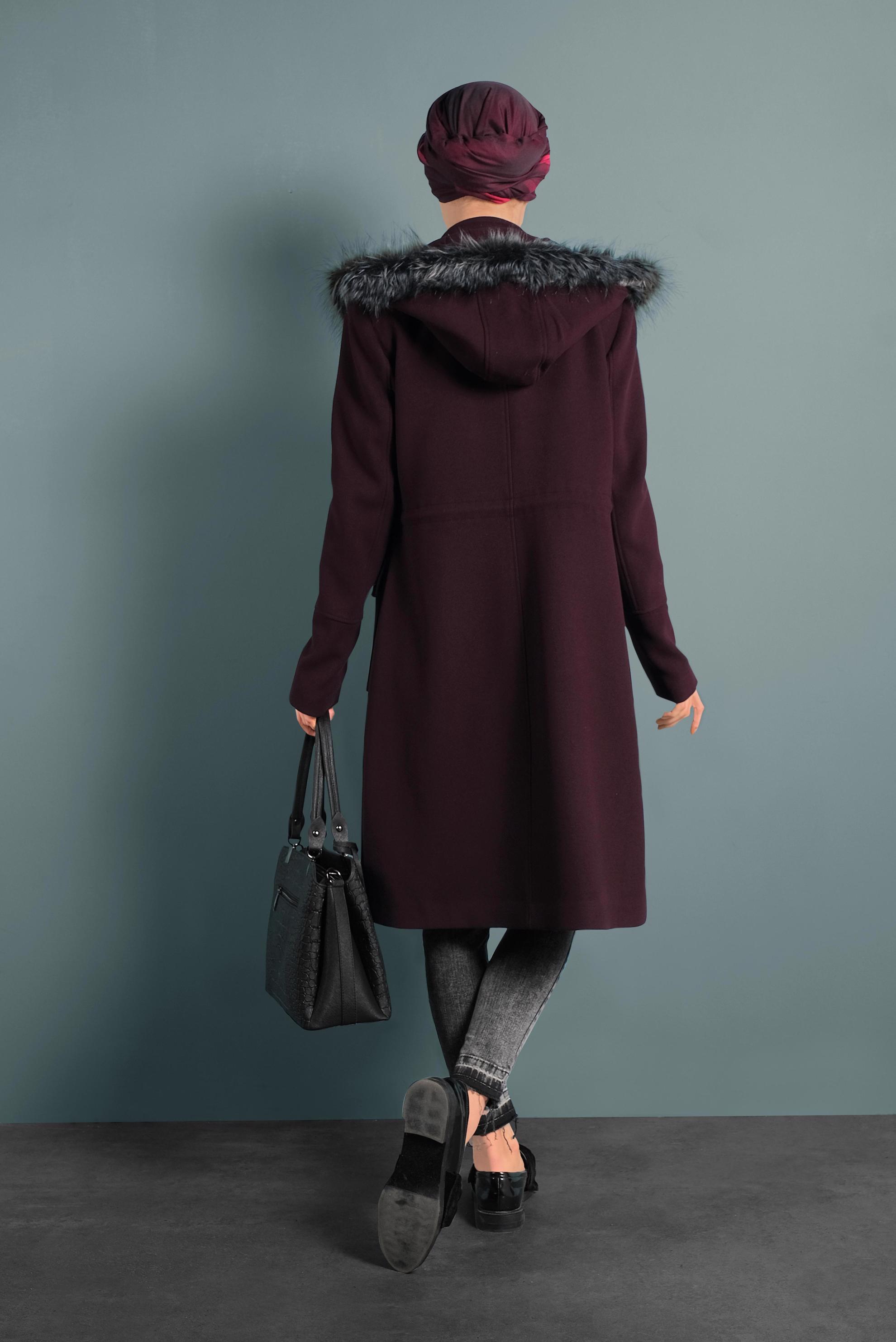 Tesettür giyim MÜRDÜM KAPÜŞONU KÜRKLÜ KABAN 90012