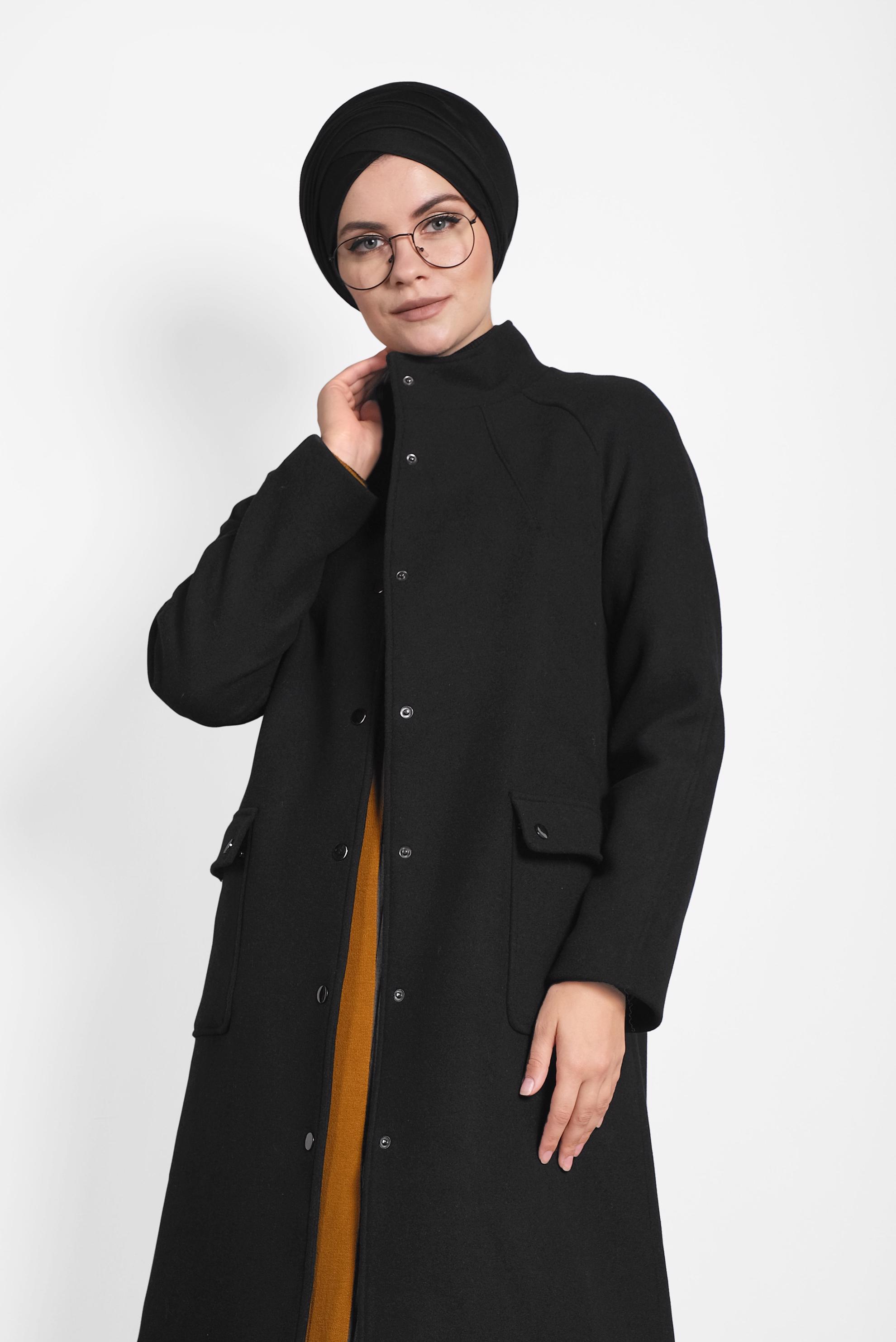 Hijab clothing BLACK SNAP DETAILED WALKER COAT 90013 