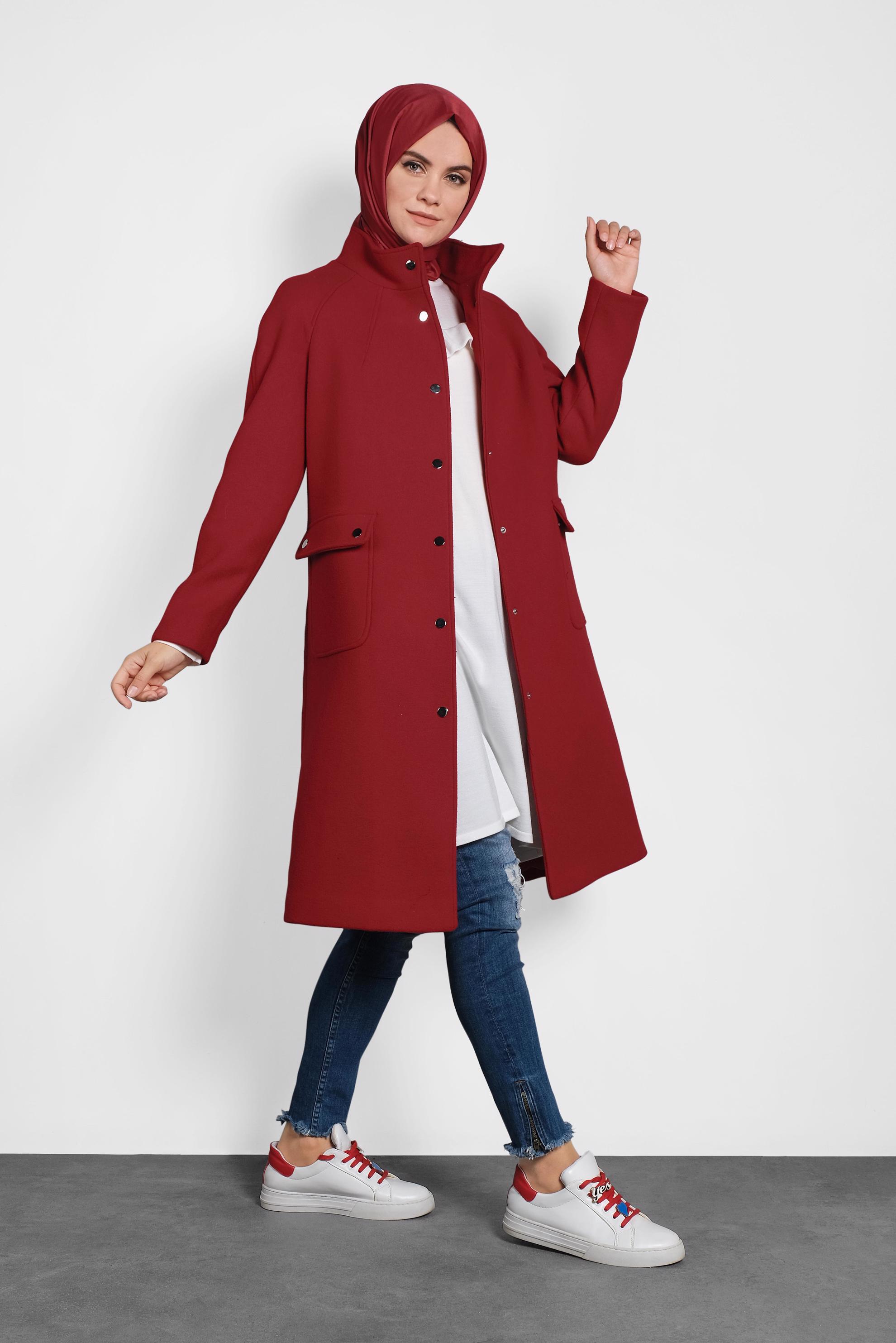Hijab clothing RED SNAP DETAILED WALKER COAT 90013 