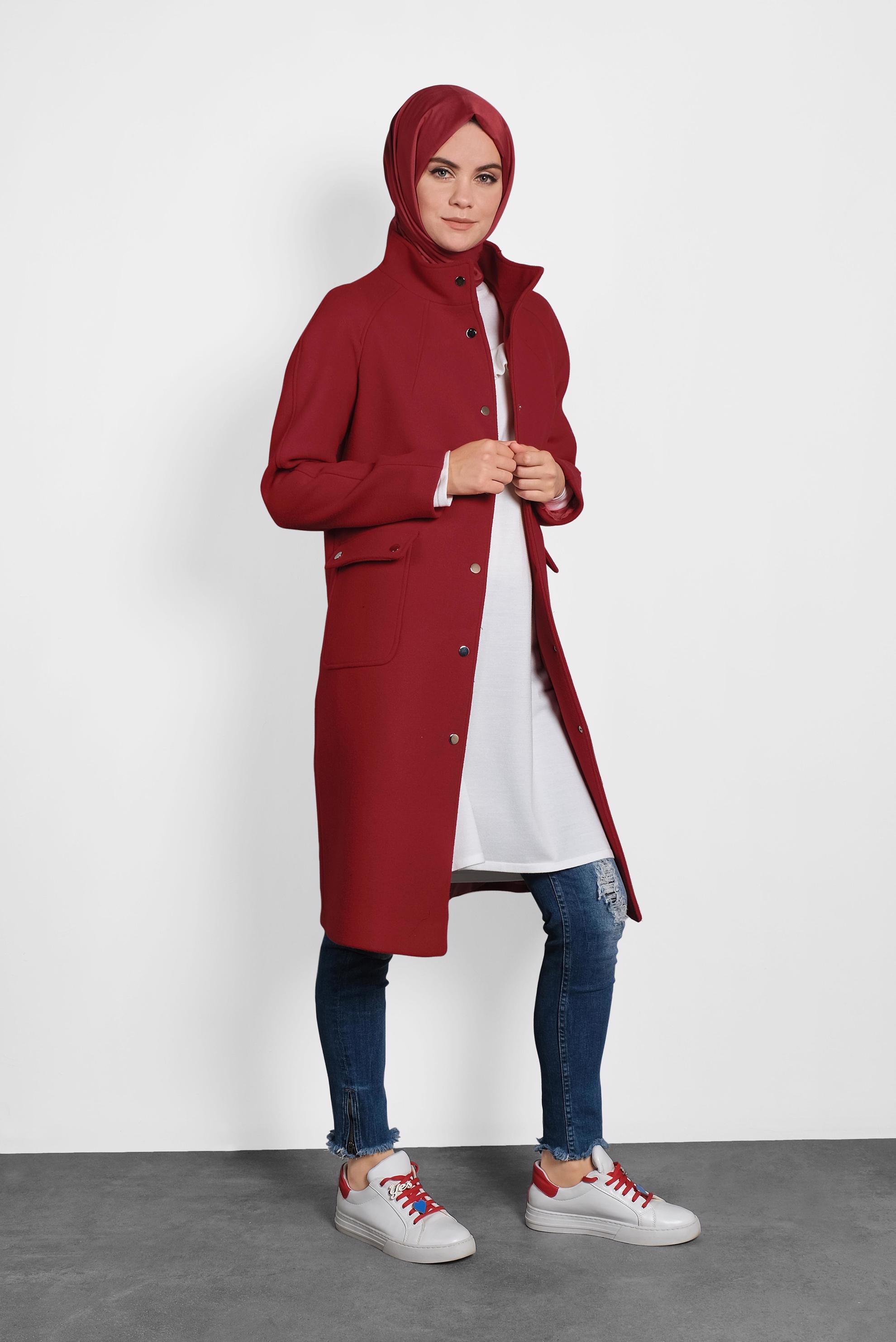 Hijab clothing RED SNAP DETAILED WALKER COAT 90013 