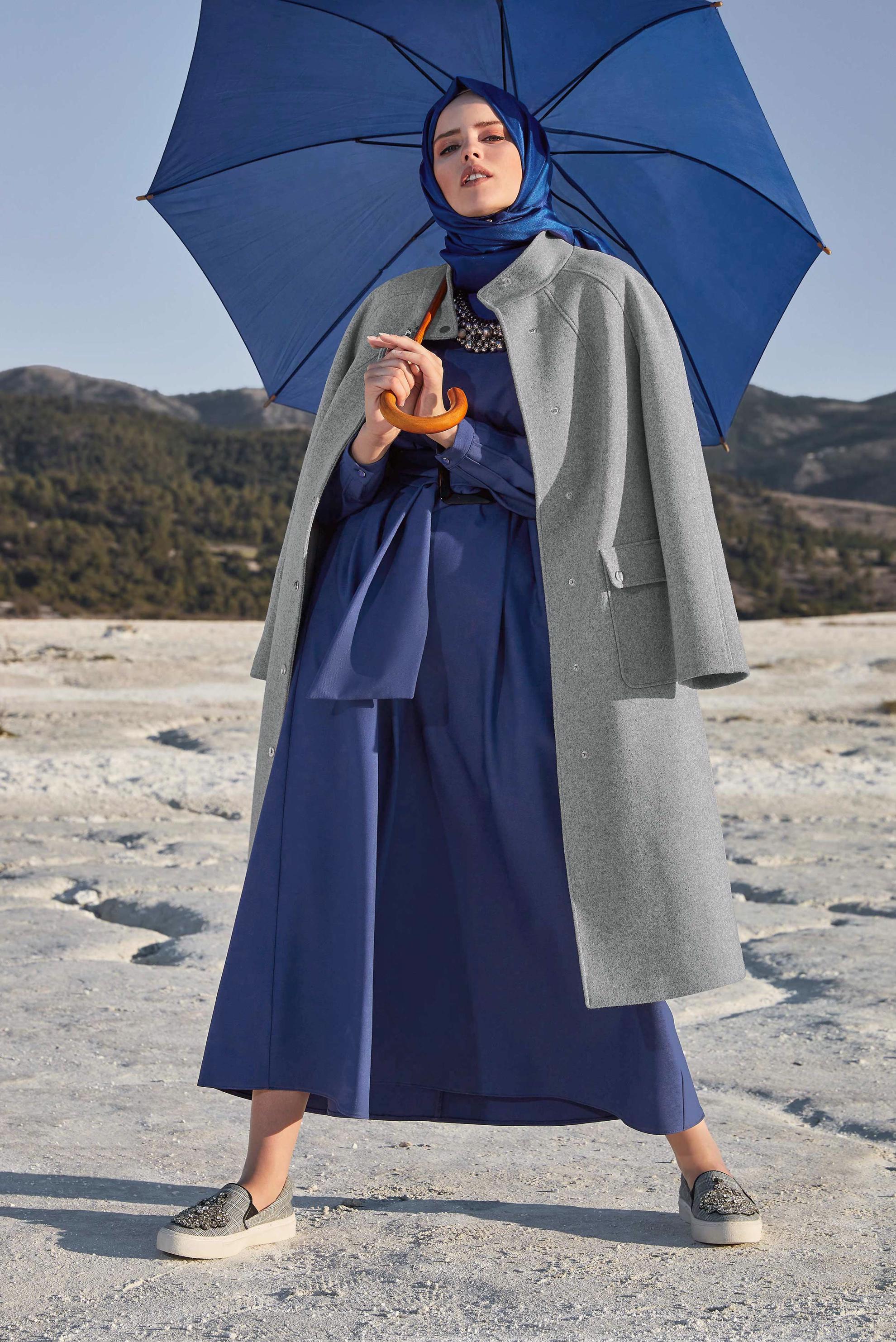 Hijab clothing GREY SNAP DETAILED WALKER COAT 90013 